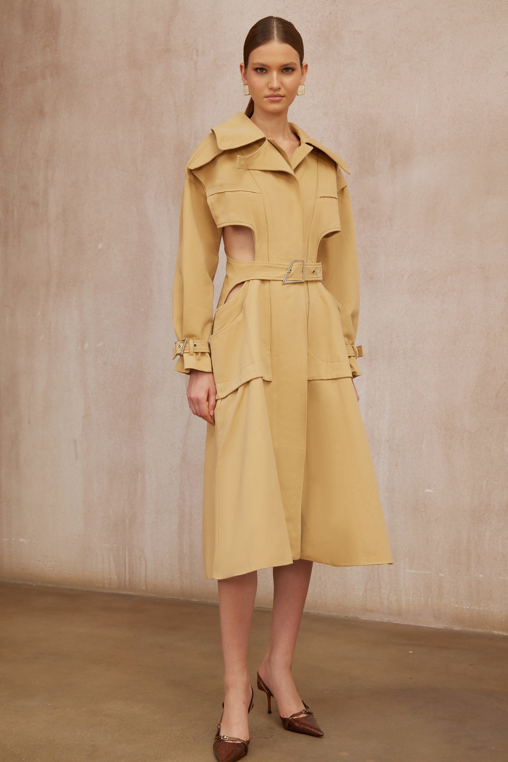 Pilar Neutral Cut Out Belted Long Trench Coat (Final Sale-US Only)