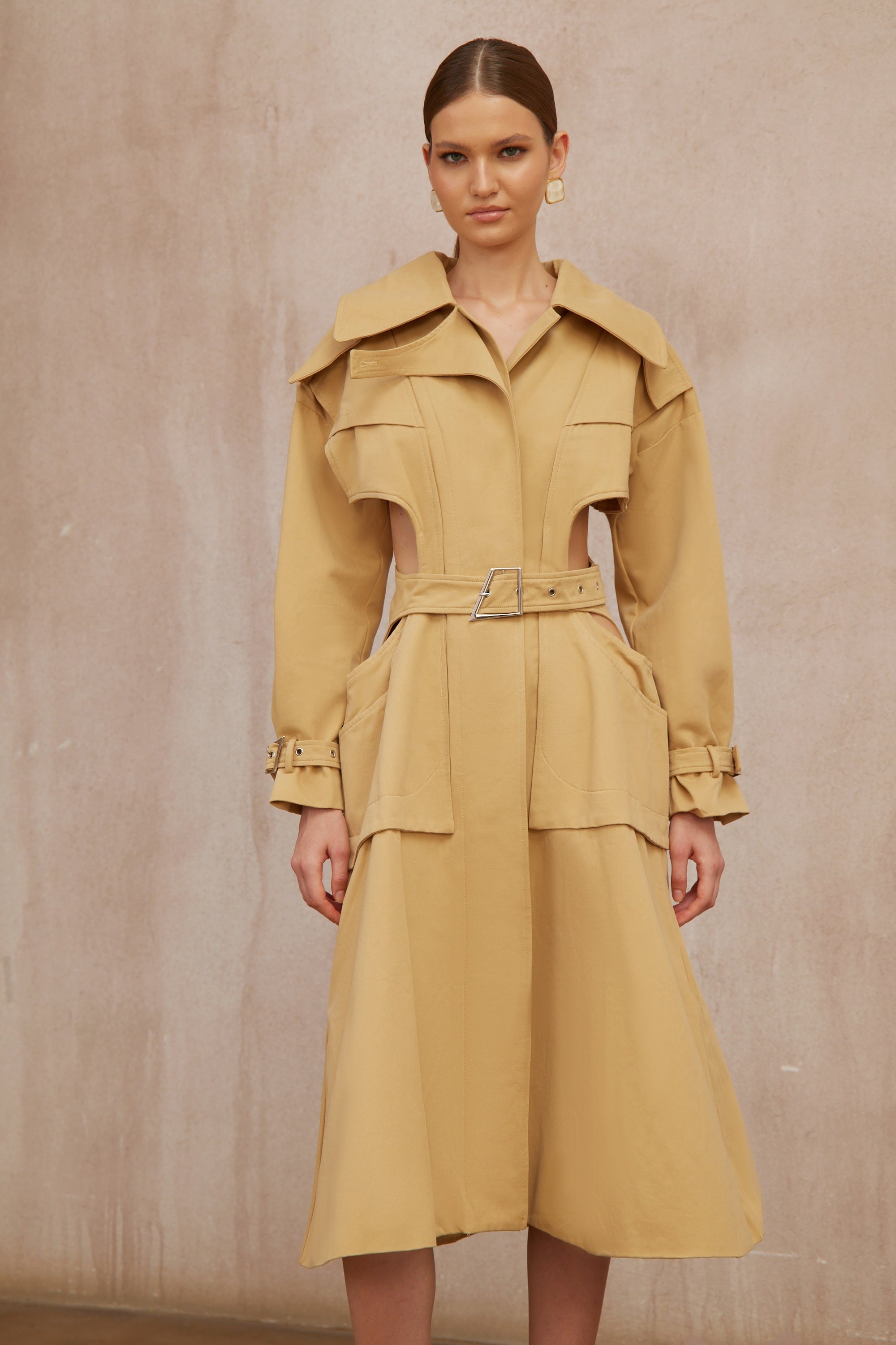 Pilar Neutral Cut Out Belted Long Trench Coat (Final Sale-US Only)