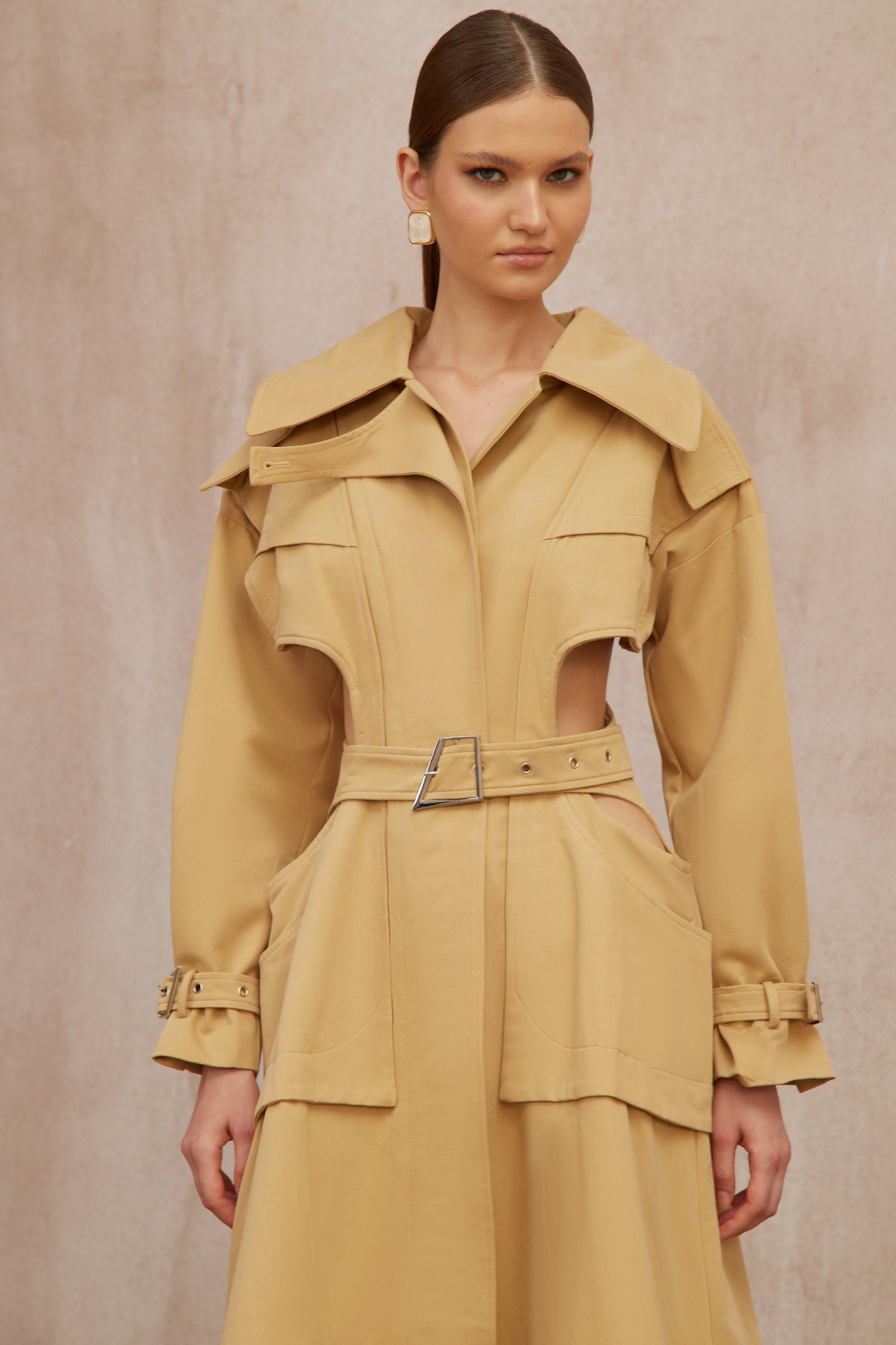 Pilar Neutral Cut Out Belted Long Trench Coat (Final Sale-US Only)
