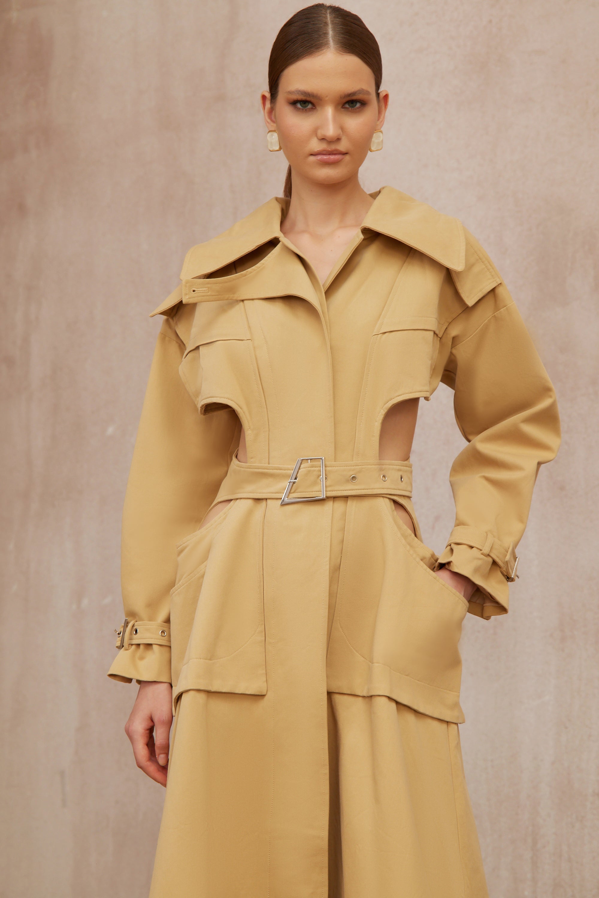 Pilar Neutral Cut Out Belted Long Trench Coat (Final Sale-US Only)