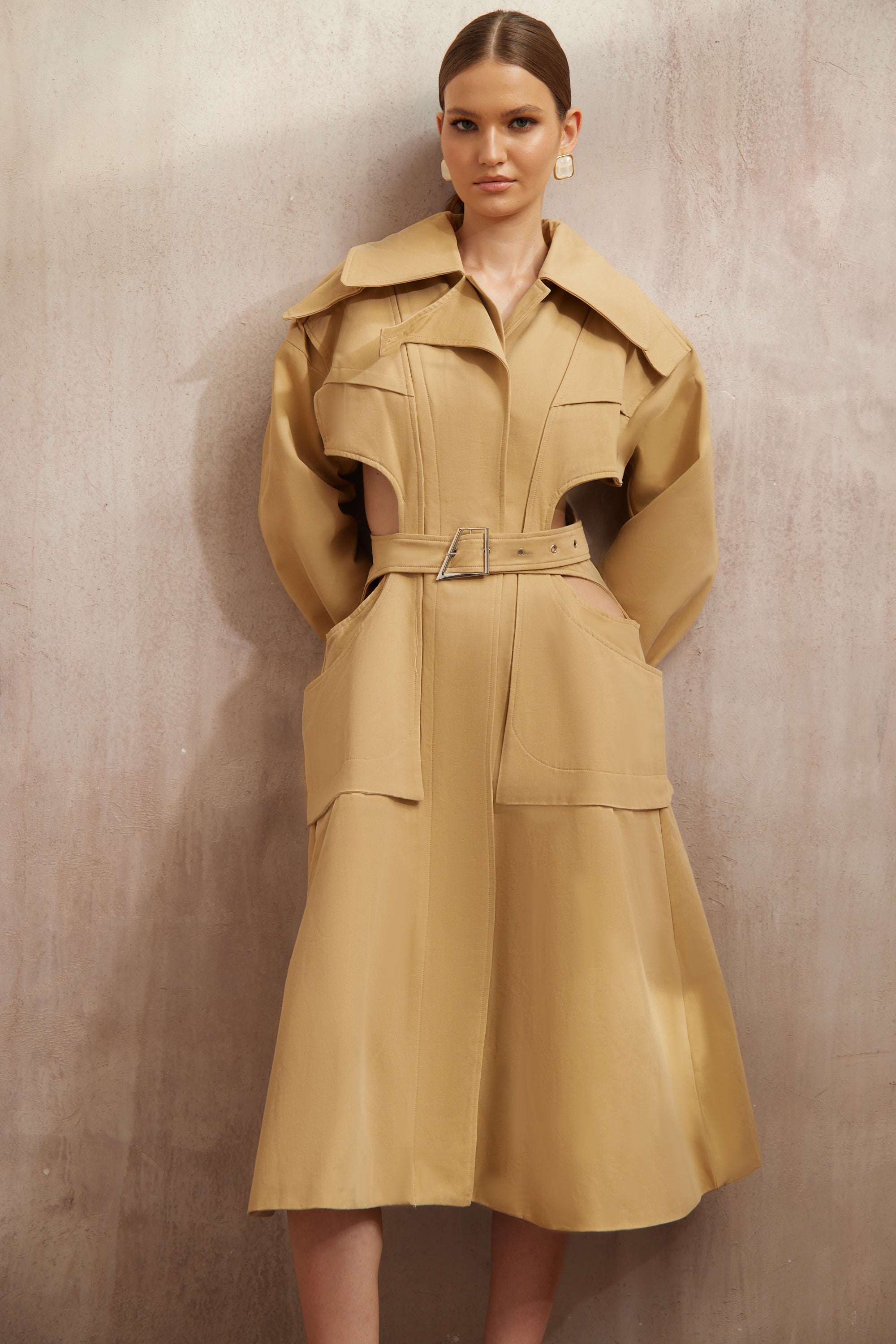 Pilar Neutral Cut Out Belted Long Trench Coat (Final Sale-US Only)