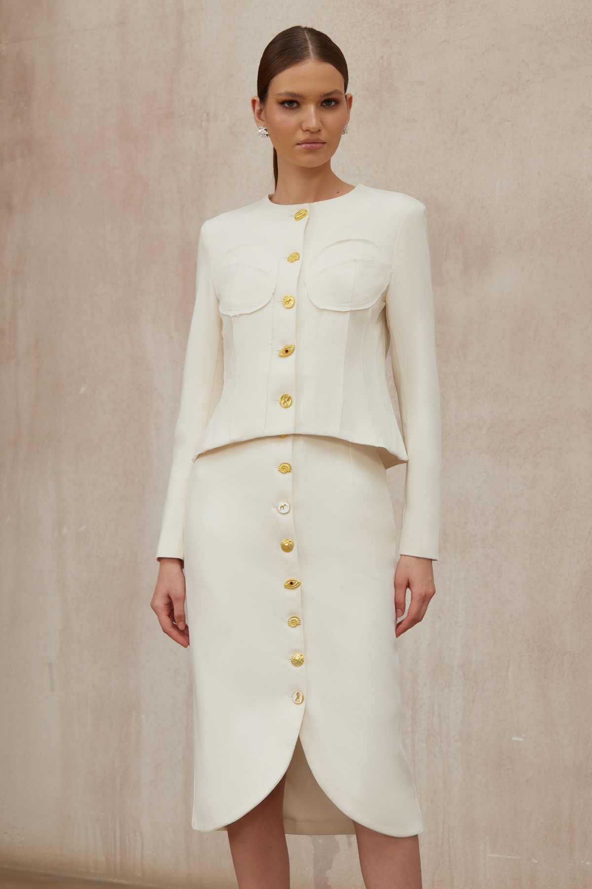 Léa White Decorative Button Jacket & Skirt Set