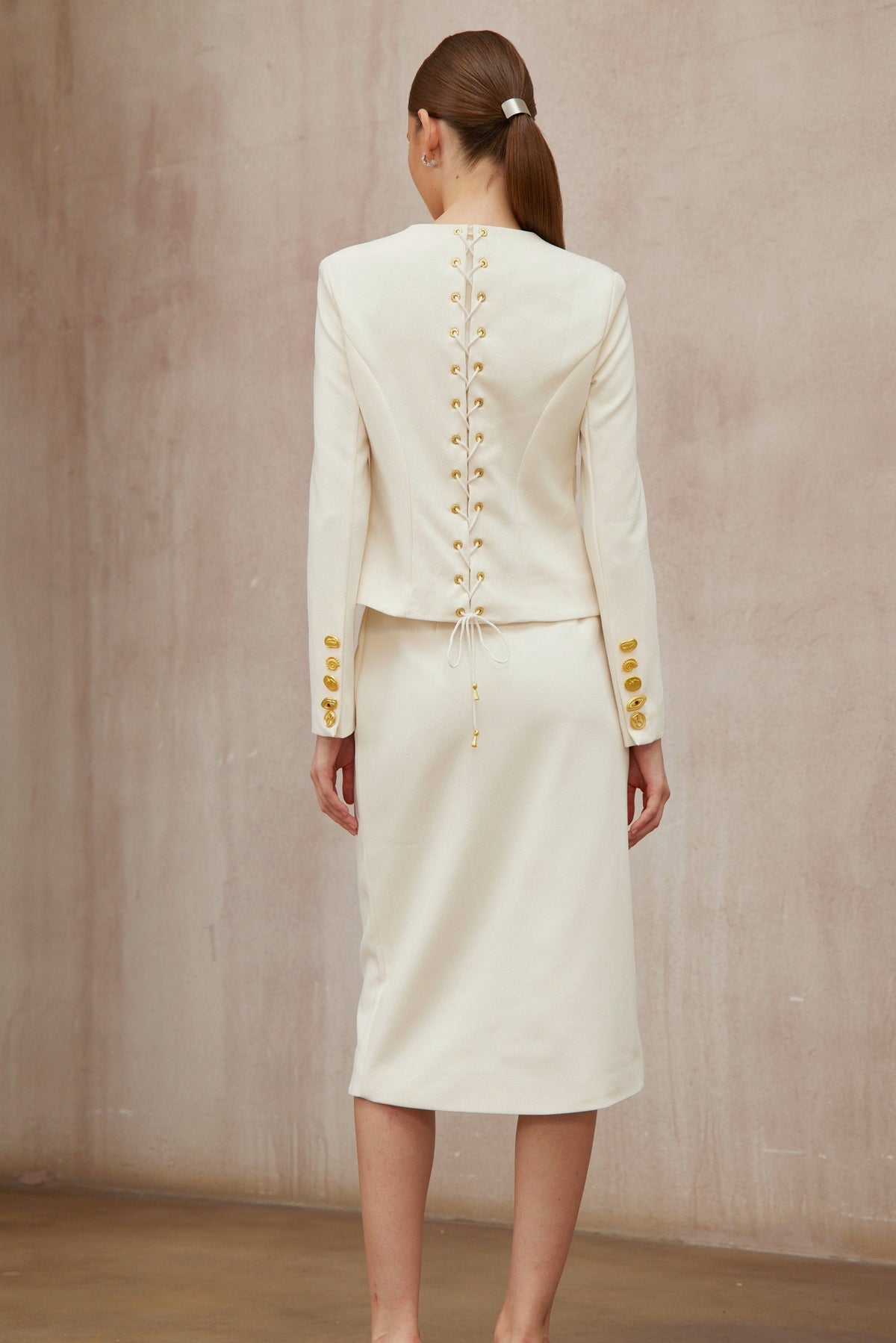 Léa White Decorative Button Jacket & Skirt Set