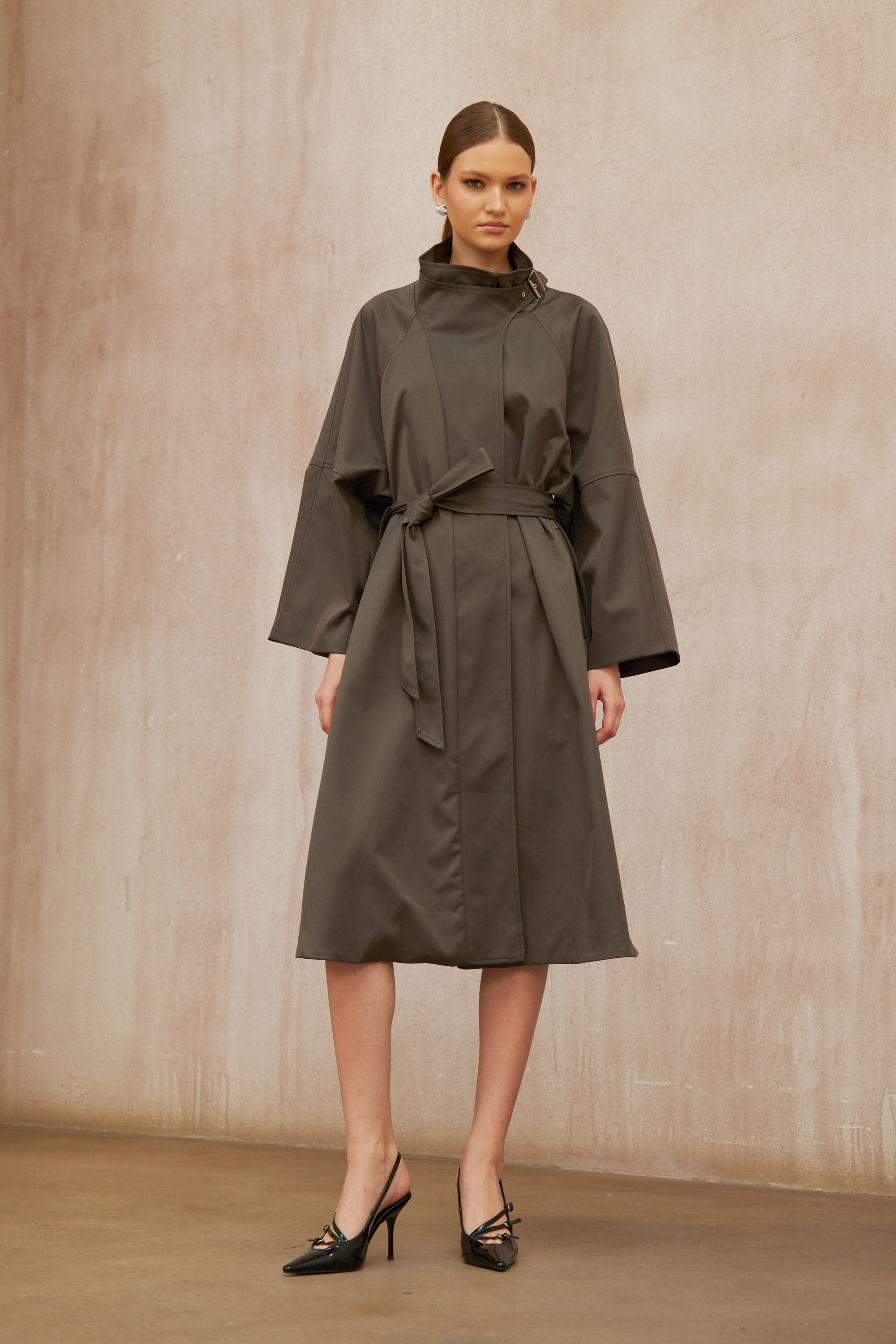 Suzon Charcoal Grey Belted Long Trench Coat