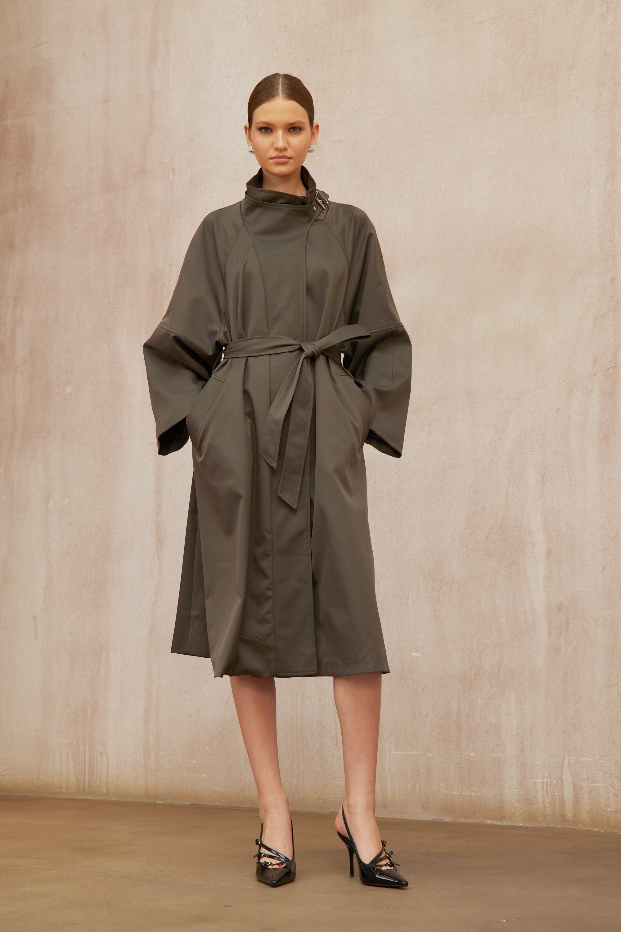 Suzon Charcoal Grey Belted Long Trench Coat