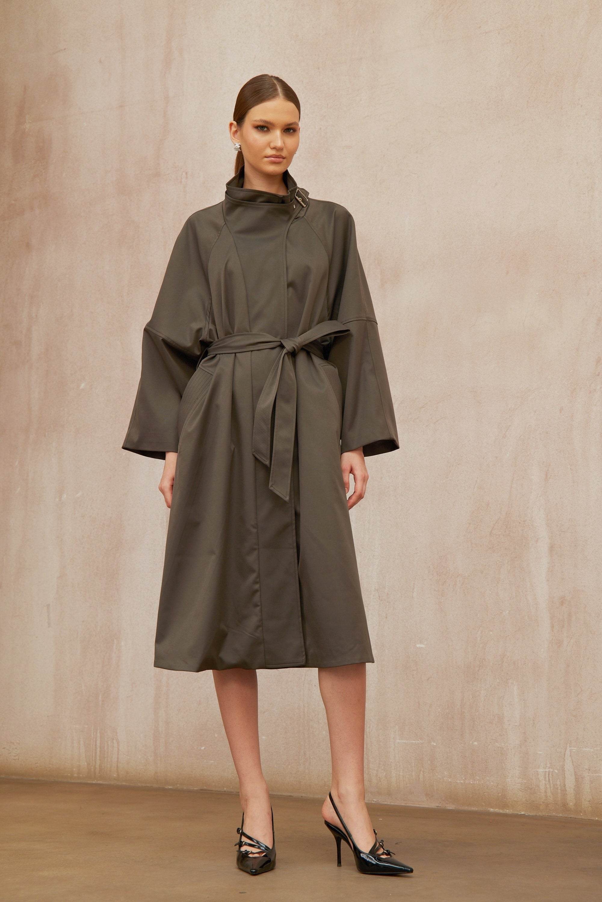 Suzon Charcoal Grey Belted Long Trench Coat