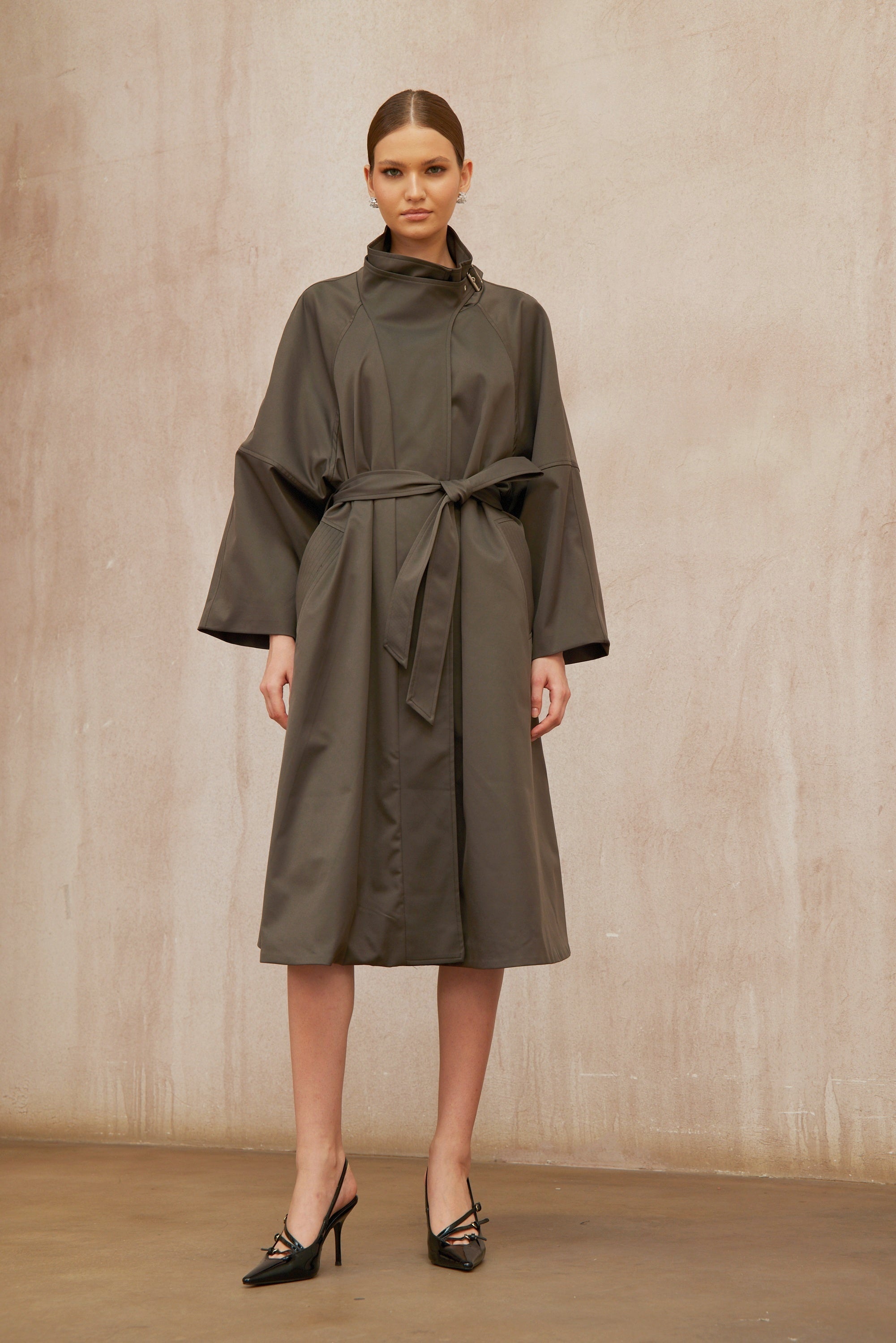 Suzon Charcoal Grey Belted Long Trench Coat