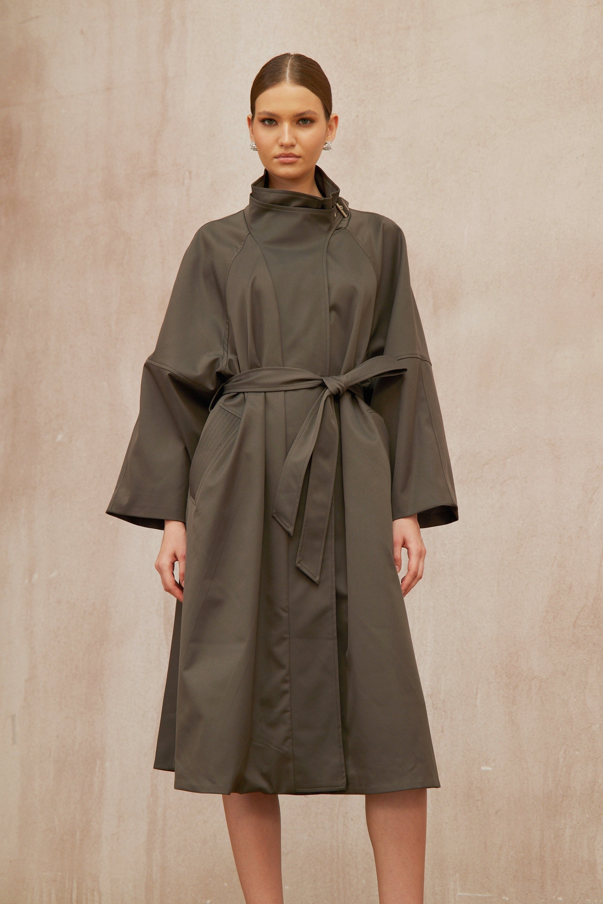 Suzon Charcoal Grey Belted Long Trench Coat