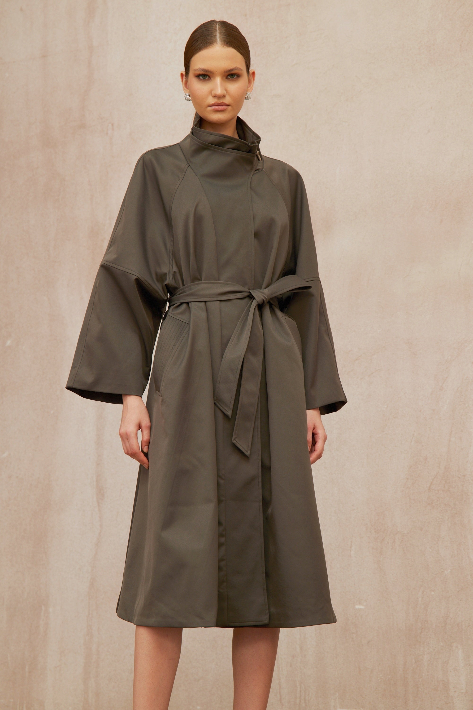 Suzon Charcoal Grey Belted Long Trench Coat