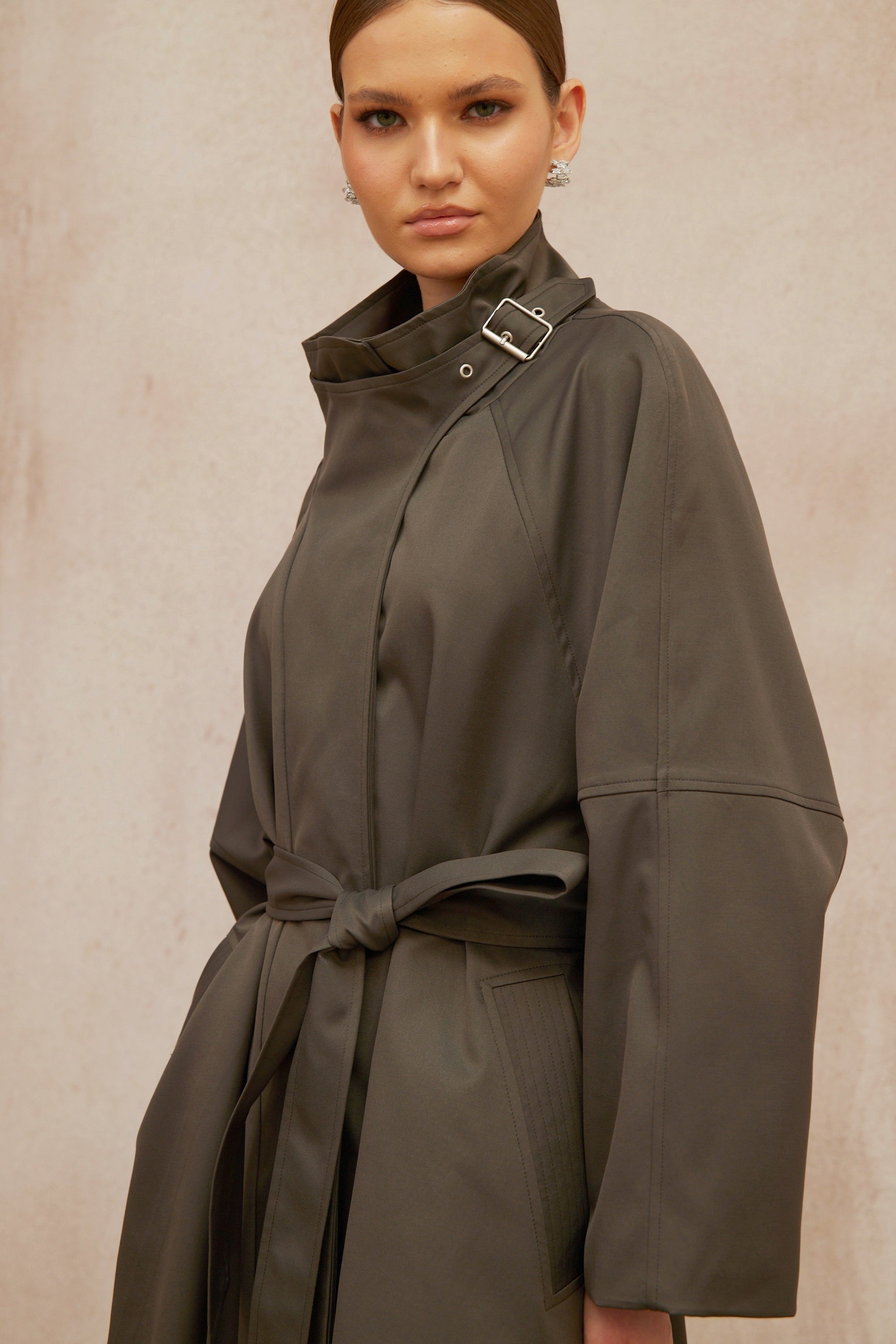 Suzon Charcoal Grey Belted Long Trench Coat
