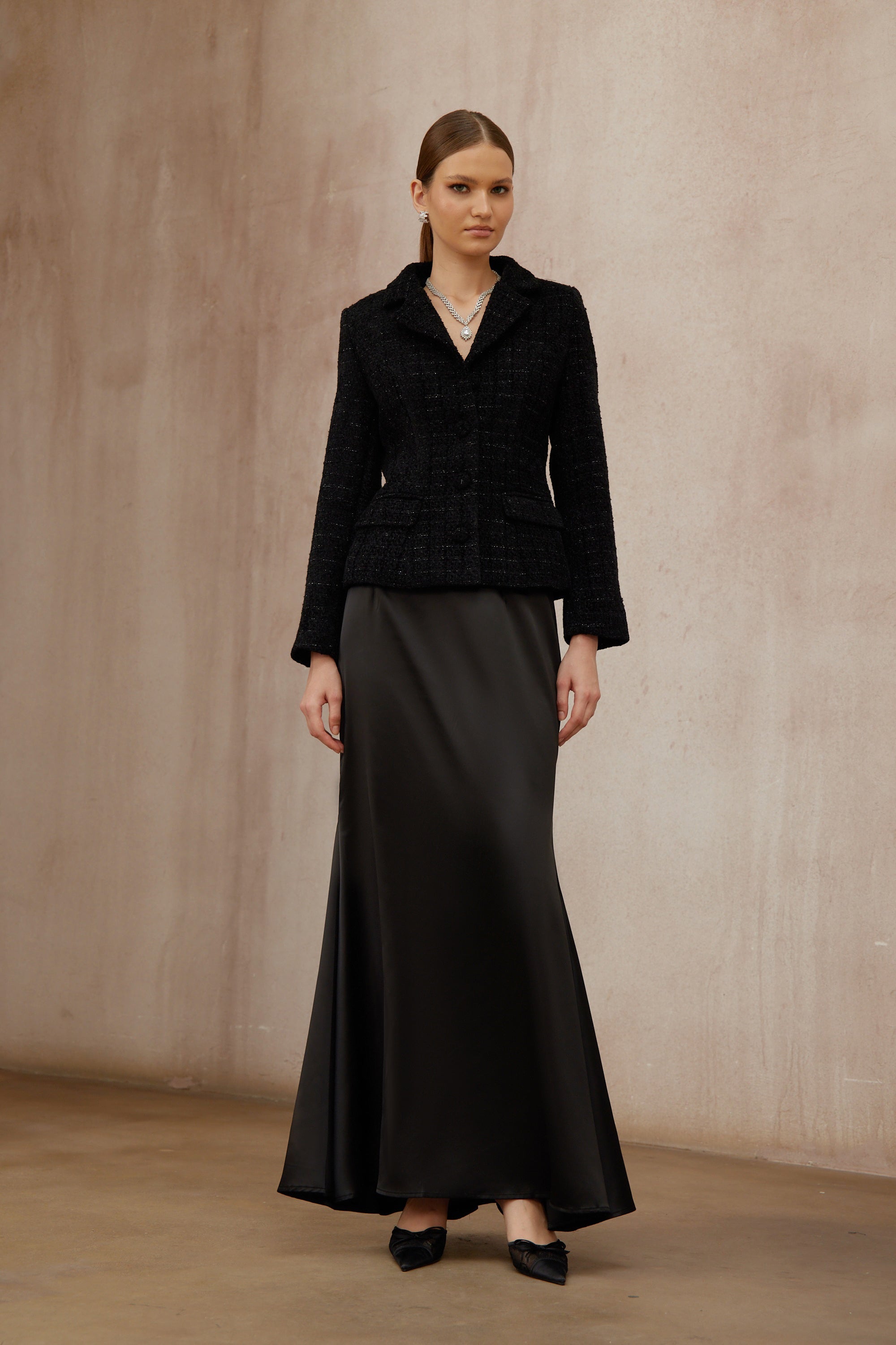 Ariadna Black Tweed Jacket & Satin Skirt Set (Final Sale-US Only)