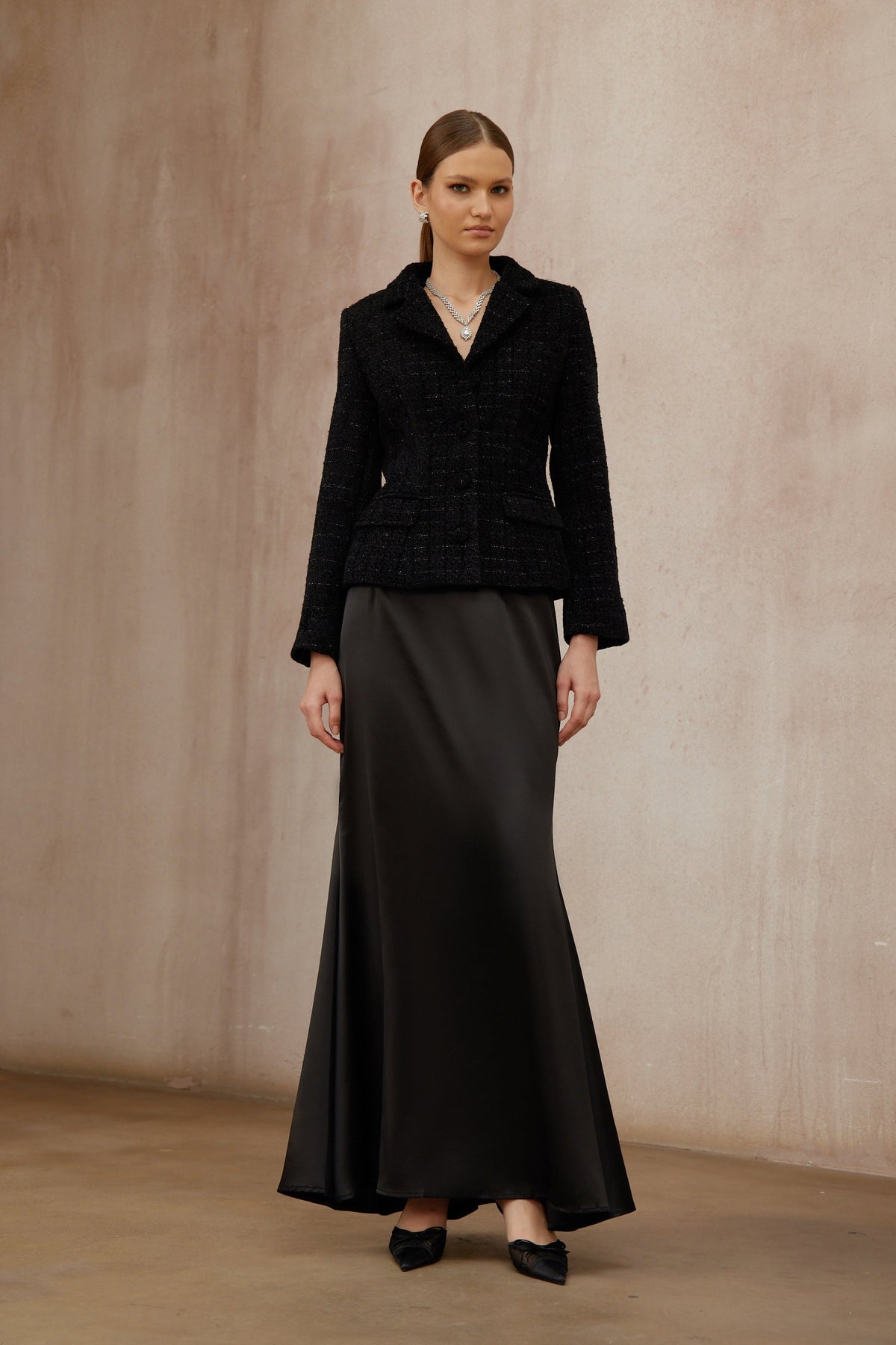 Ariadna Black Tweed Jacket & Satin Skirt Set (Final Sale-US Only)