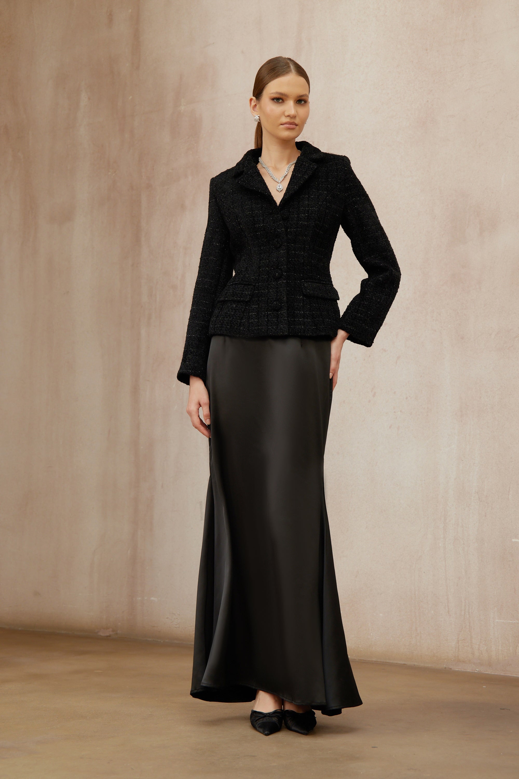 Ariadna Black Tweed Jacket & Satin Skirt Set (Final Sale-US Only)