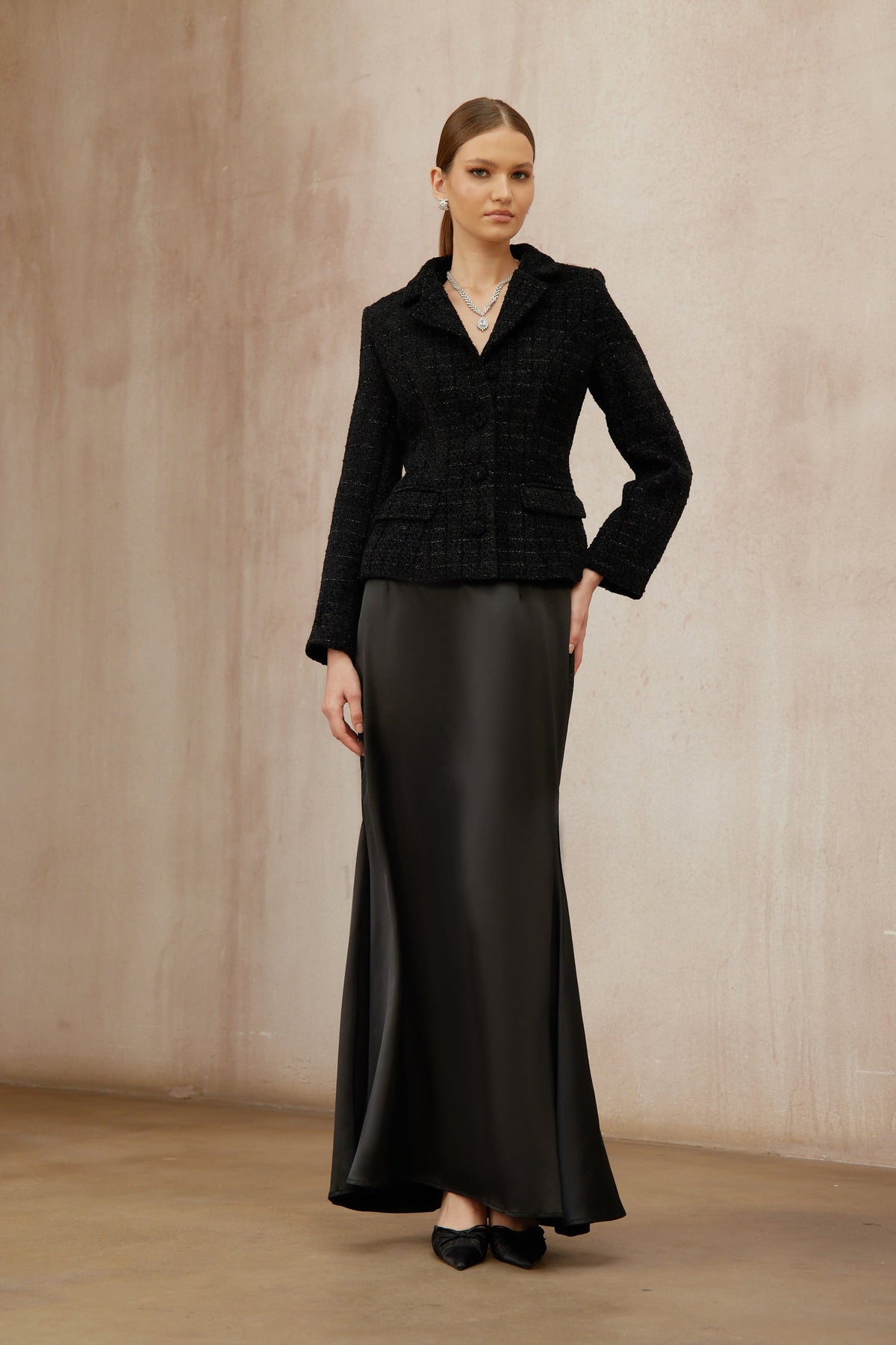 Ariadna Black Tweed Jacket & Satin Skirt Set (Final Sale-US Only)