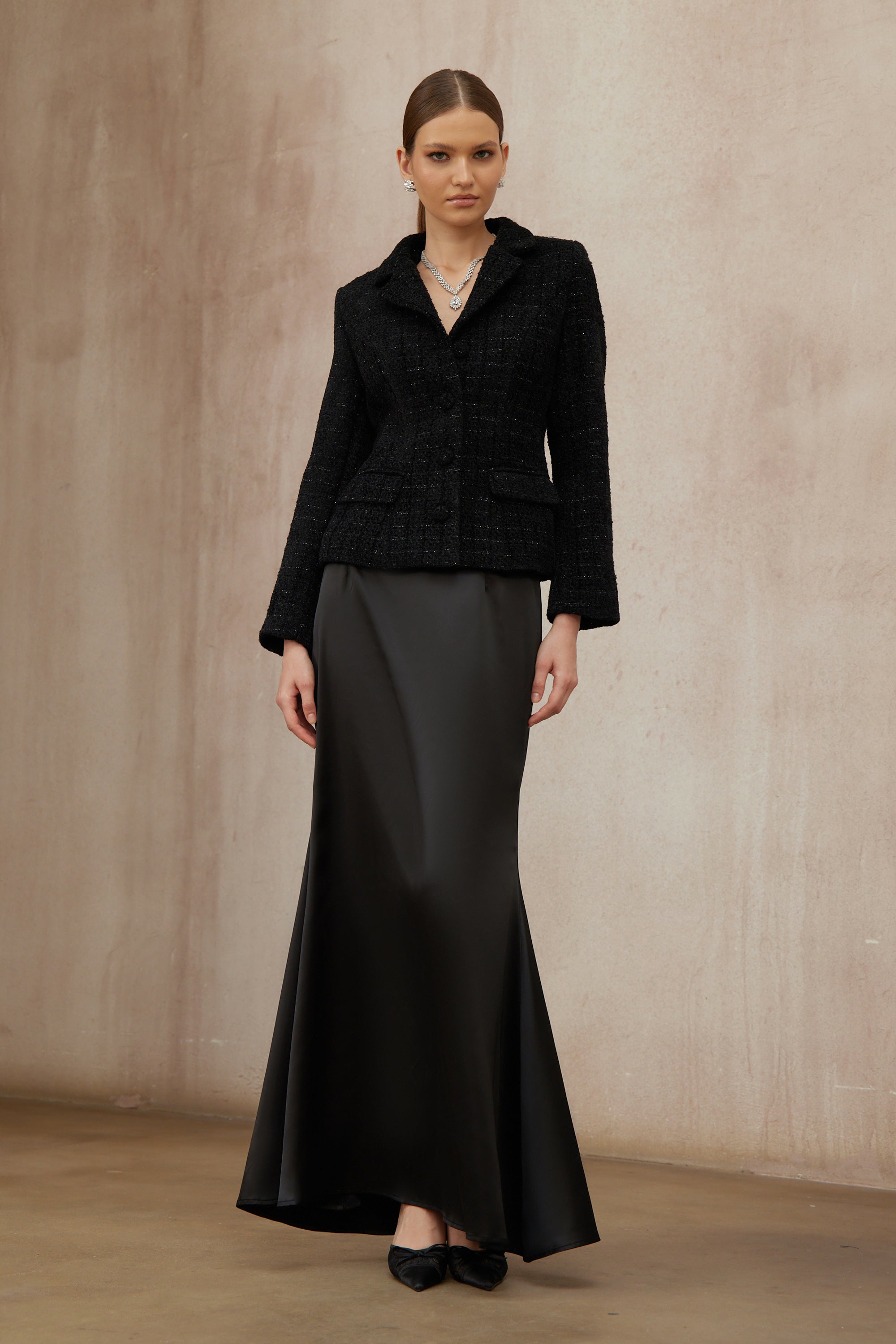 Ariadna Black Tweed Jacket & Satin Skirt Set (Final Sale-US Only)