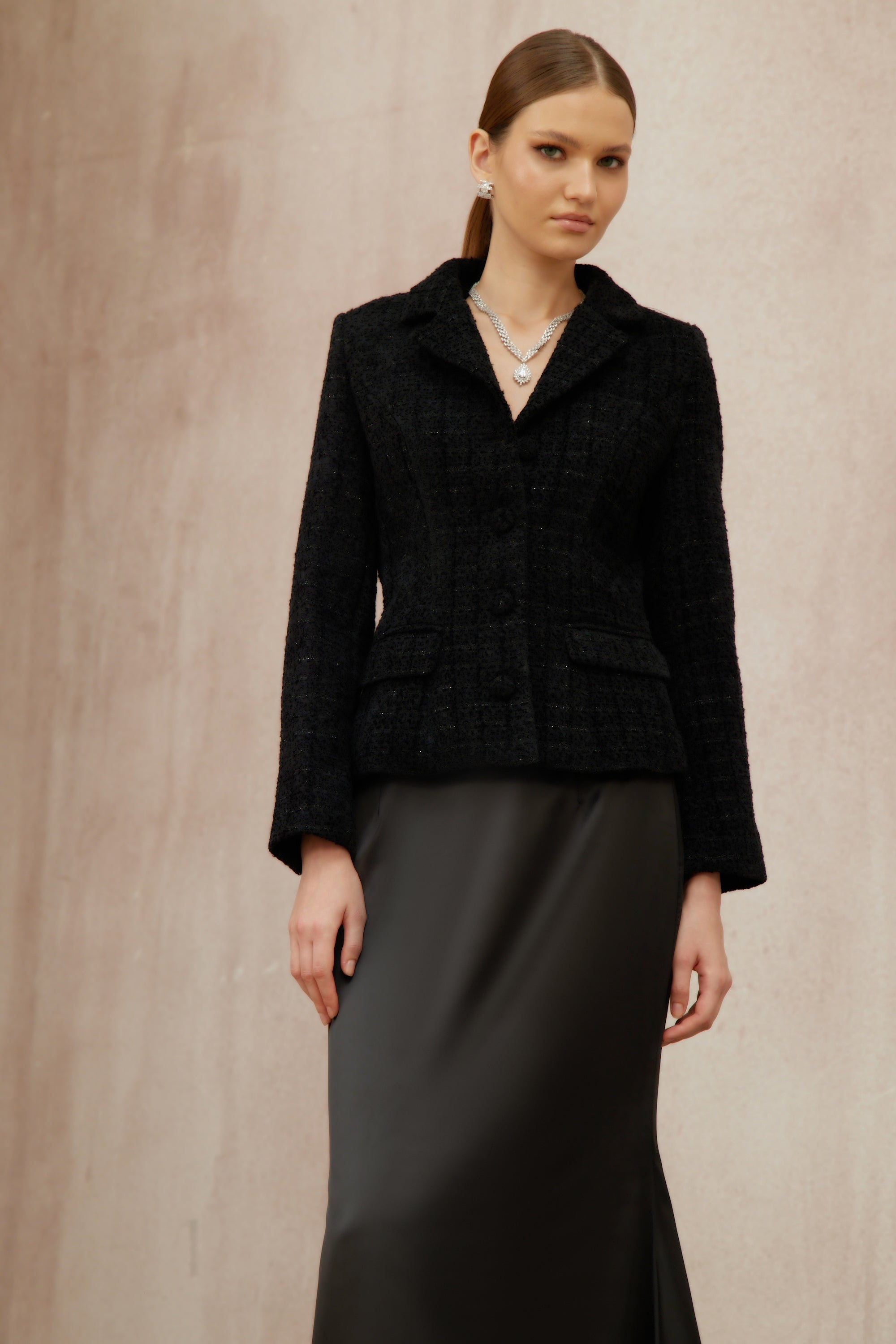 Ariadna Black Tweed Jacket & Satin Skirt Set (Final Sale-US Only)