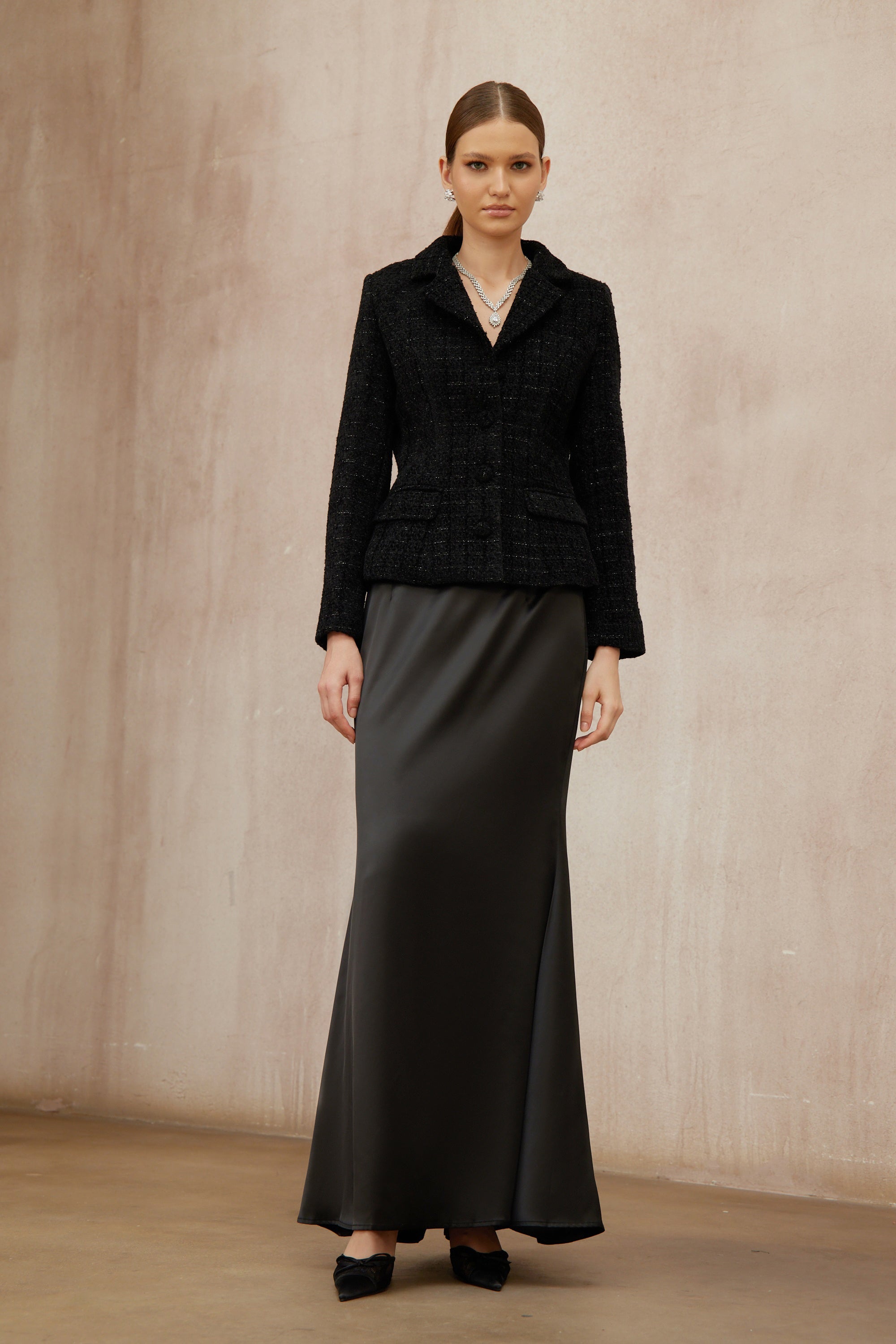 Ariadna Black Tweed Jacket & Satin Skirt Set (Final Sale-US Only)