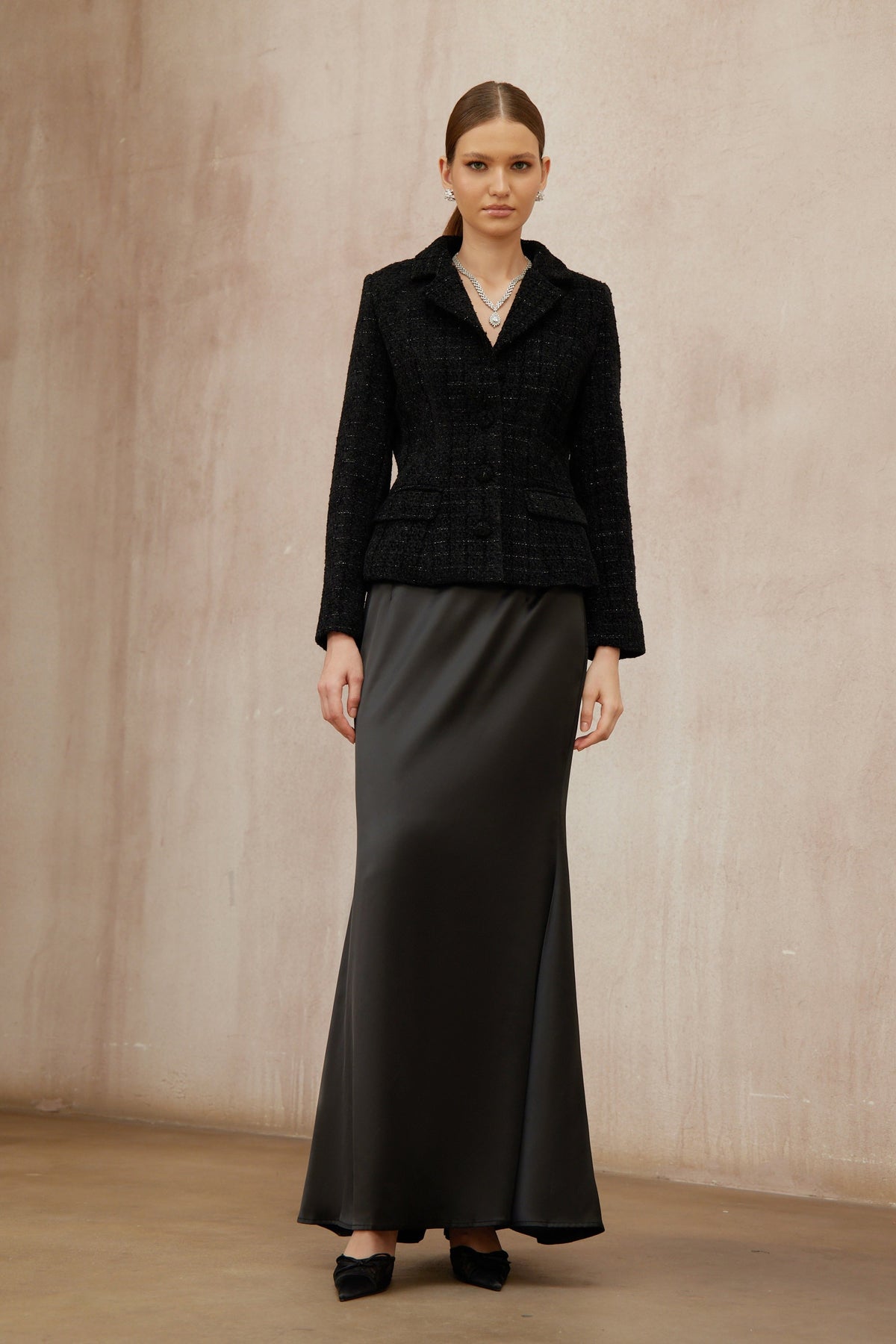 Ariadna Black Tweed Jacket & Satin Skirt Set (Final Sale-US Only)
