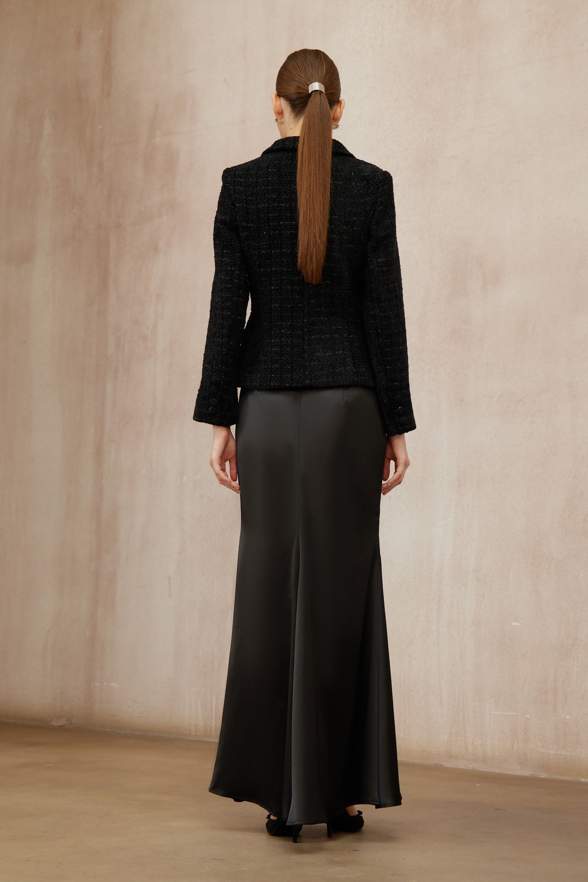 Ariadna Black Tweed Jacket & Satin Skirt Set (Final Sale-US Only)