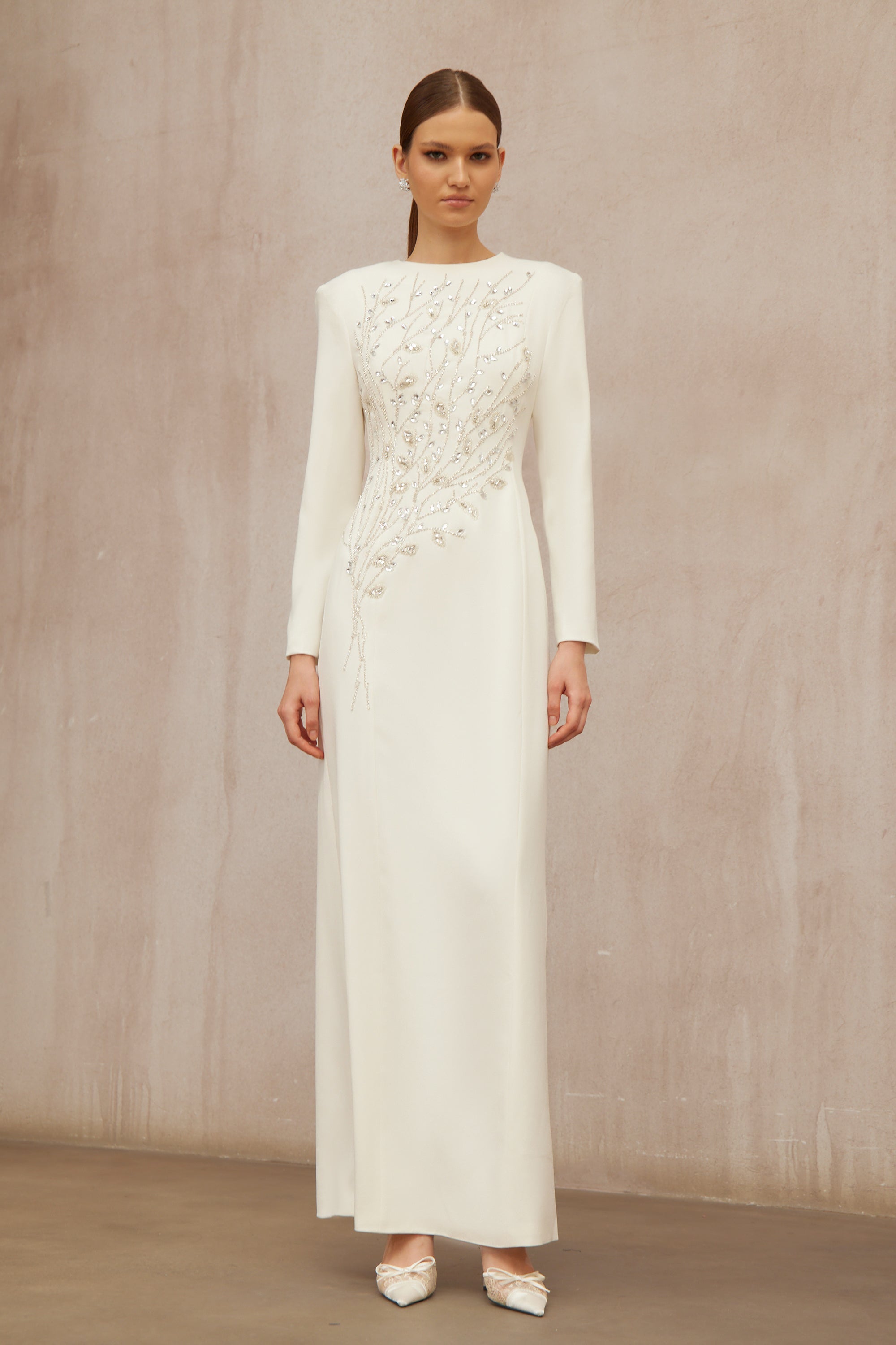 Calliopée White Leaf Appliqué Embellished Maxi Gown (Final Sale-US Only)