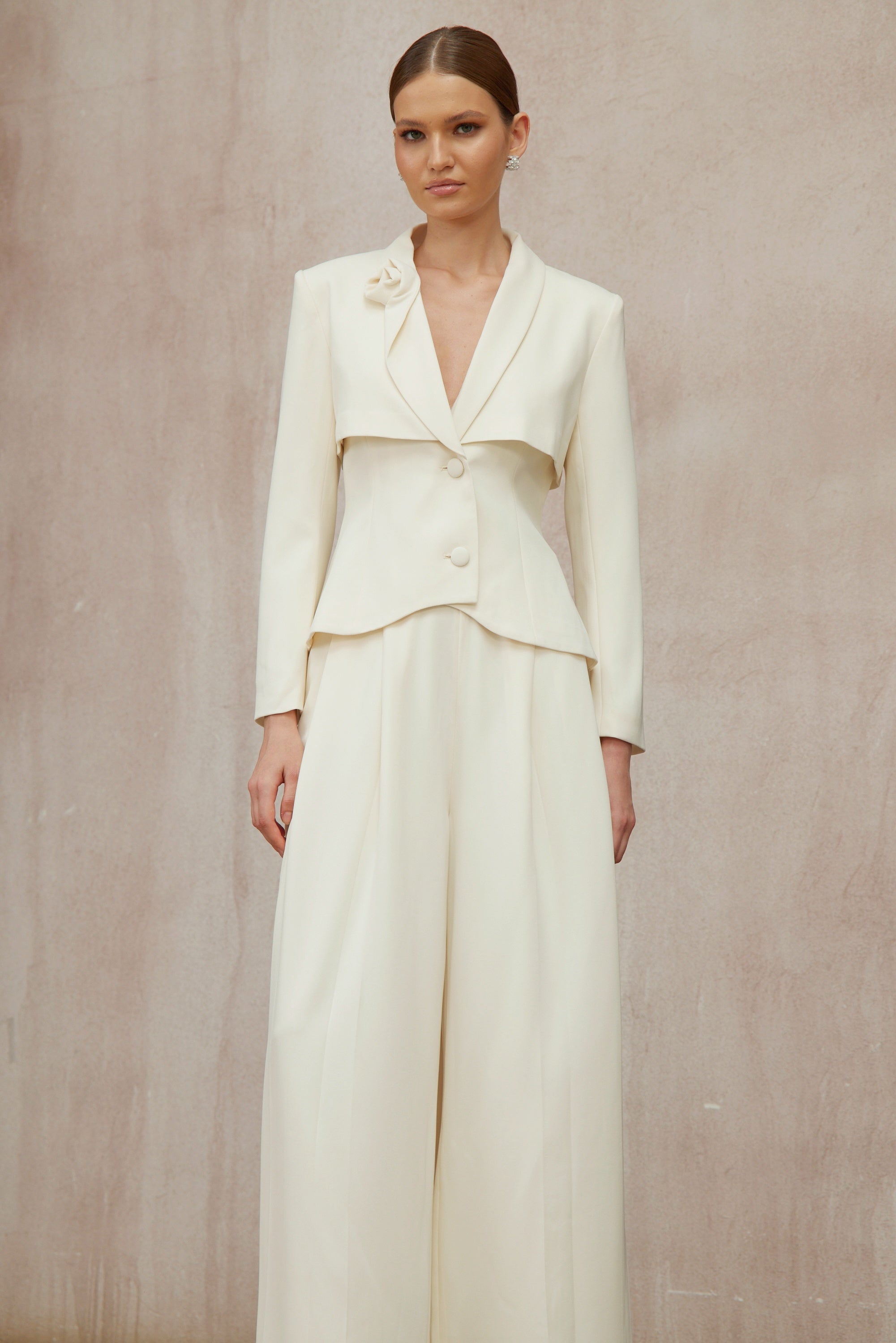 Teresa Neutral 3D Petal Blazer & Trousers Set - Ivory