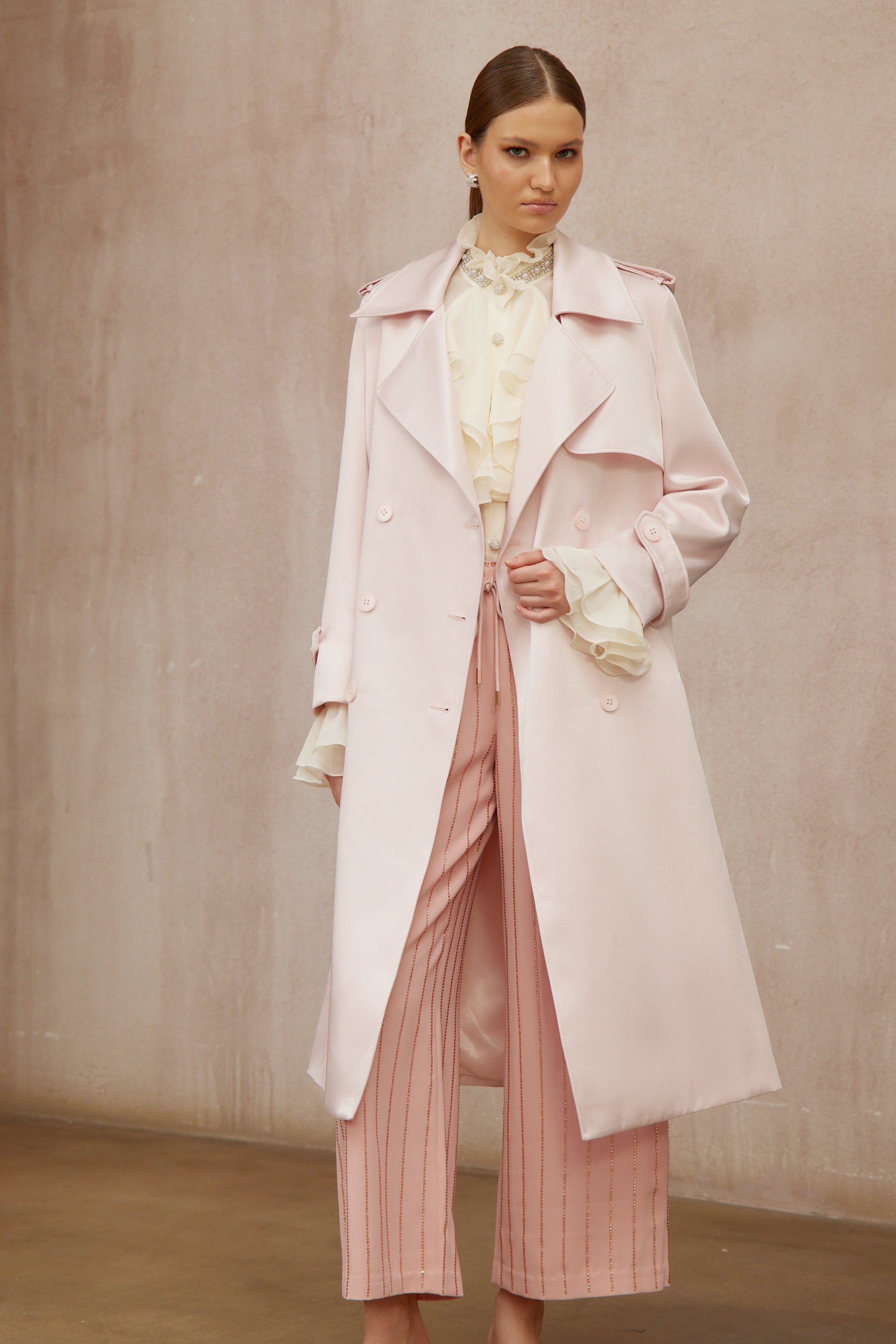 Caméo Pink Double-Breasted Satin Trench Overcoat