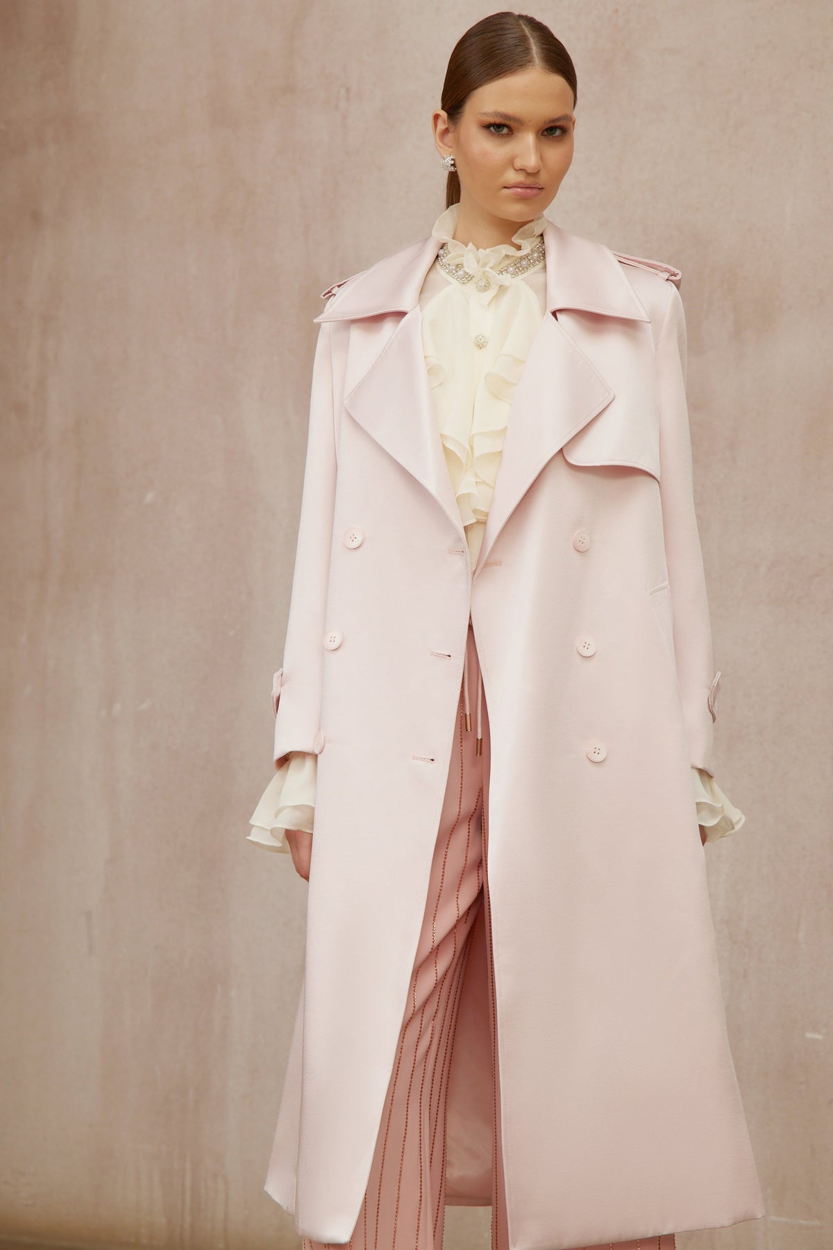 Caméo Pink Double-Breasted Satin Trench Overcoat