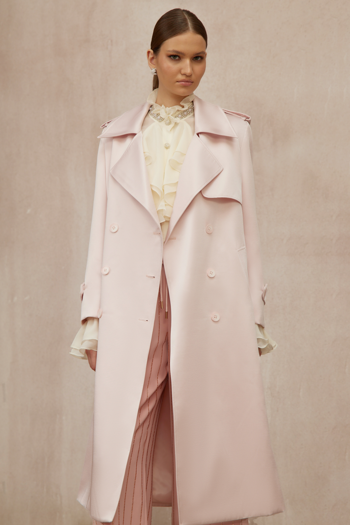 Caméo Pink Double-Breasted Satin Trench Overcoat