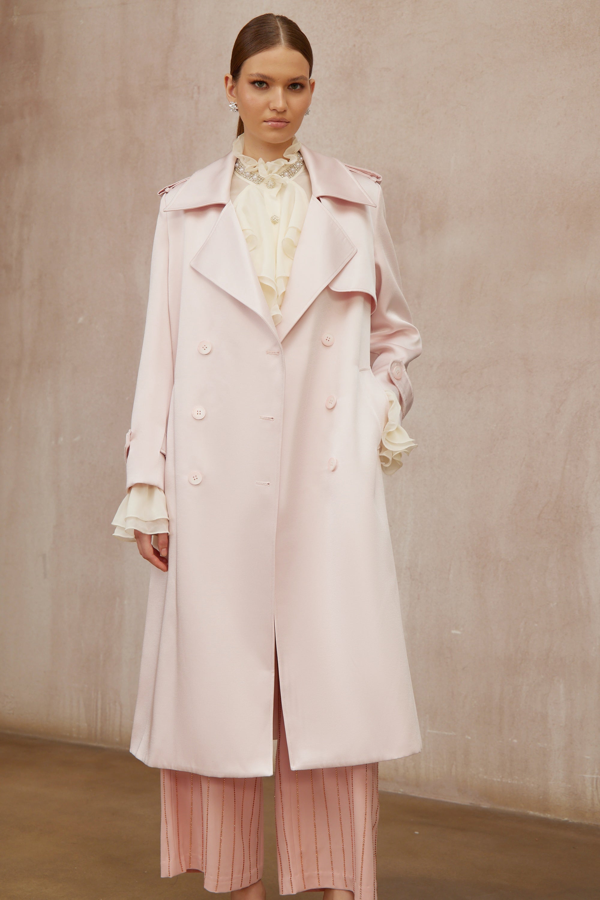 Caméo Pink Double-Breasted Satin Trench Overcoat