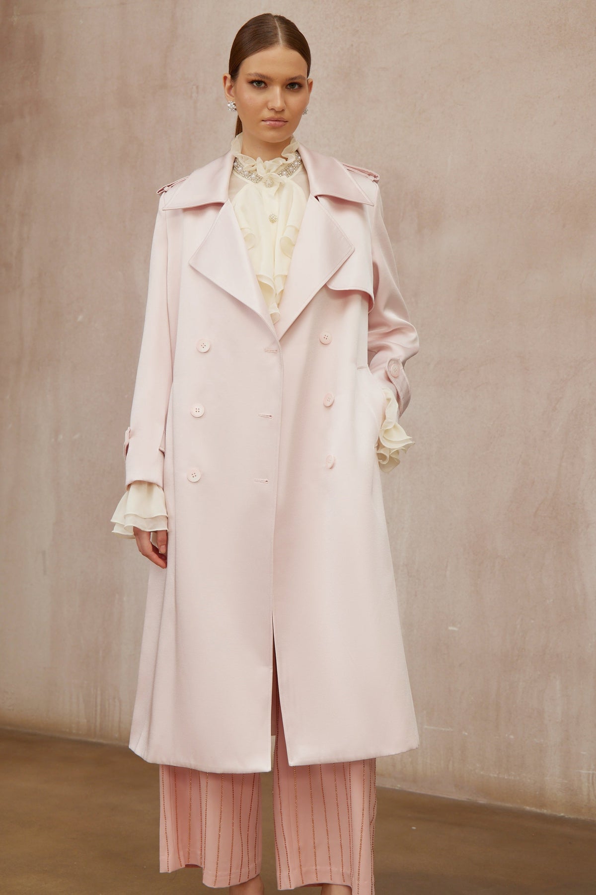 Caméo Pink Double-Breasted Satin Trench Overcoat - pink