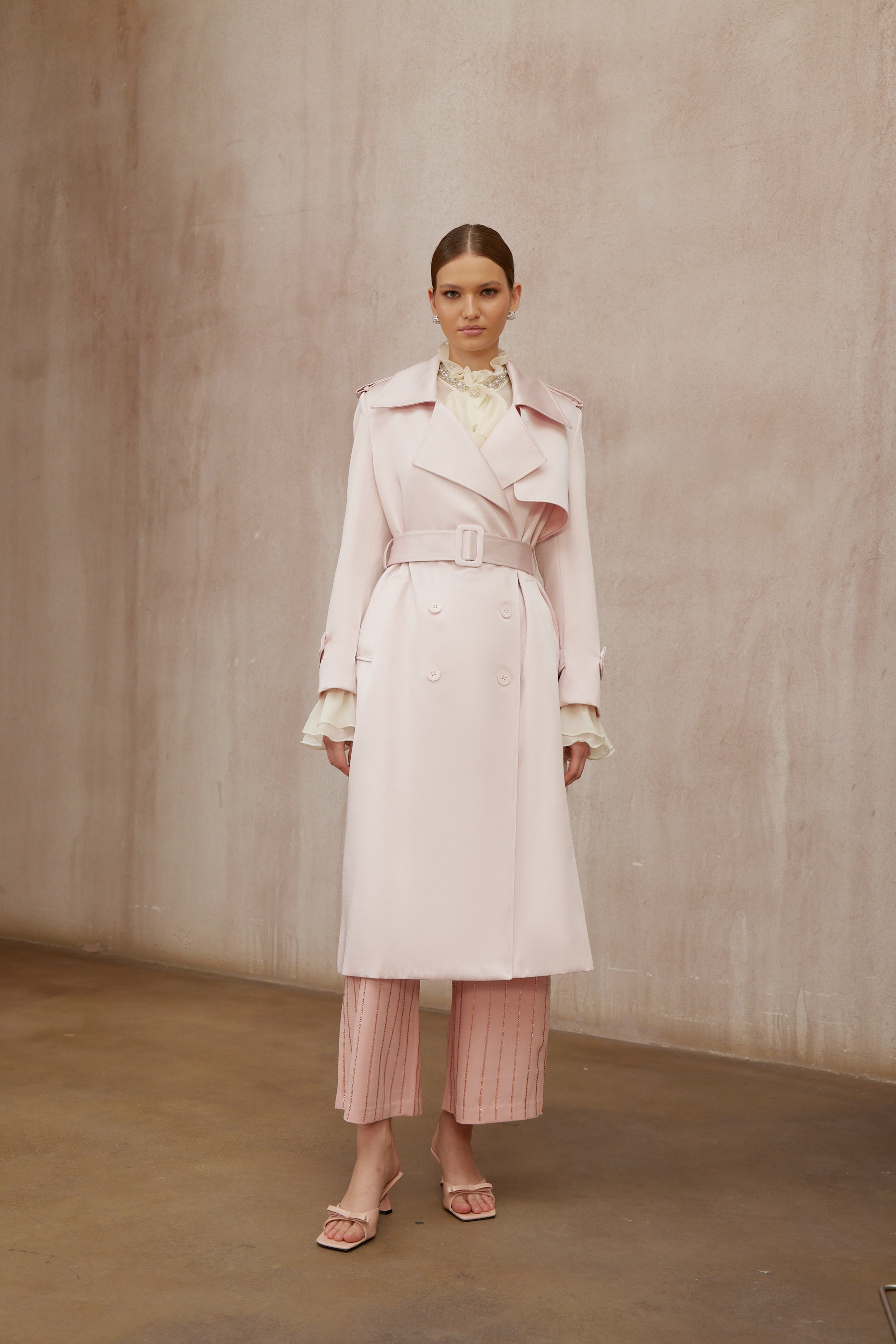 Caméo Pink Double-Breasted Satin Trench Overcoat