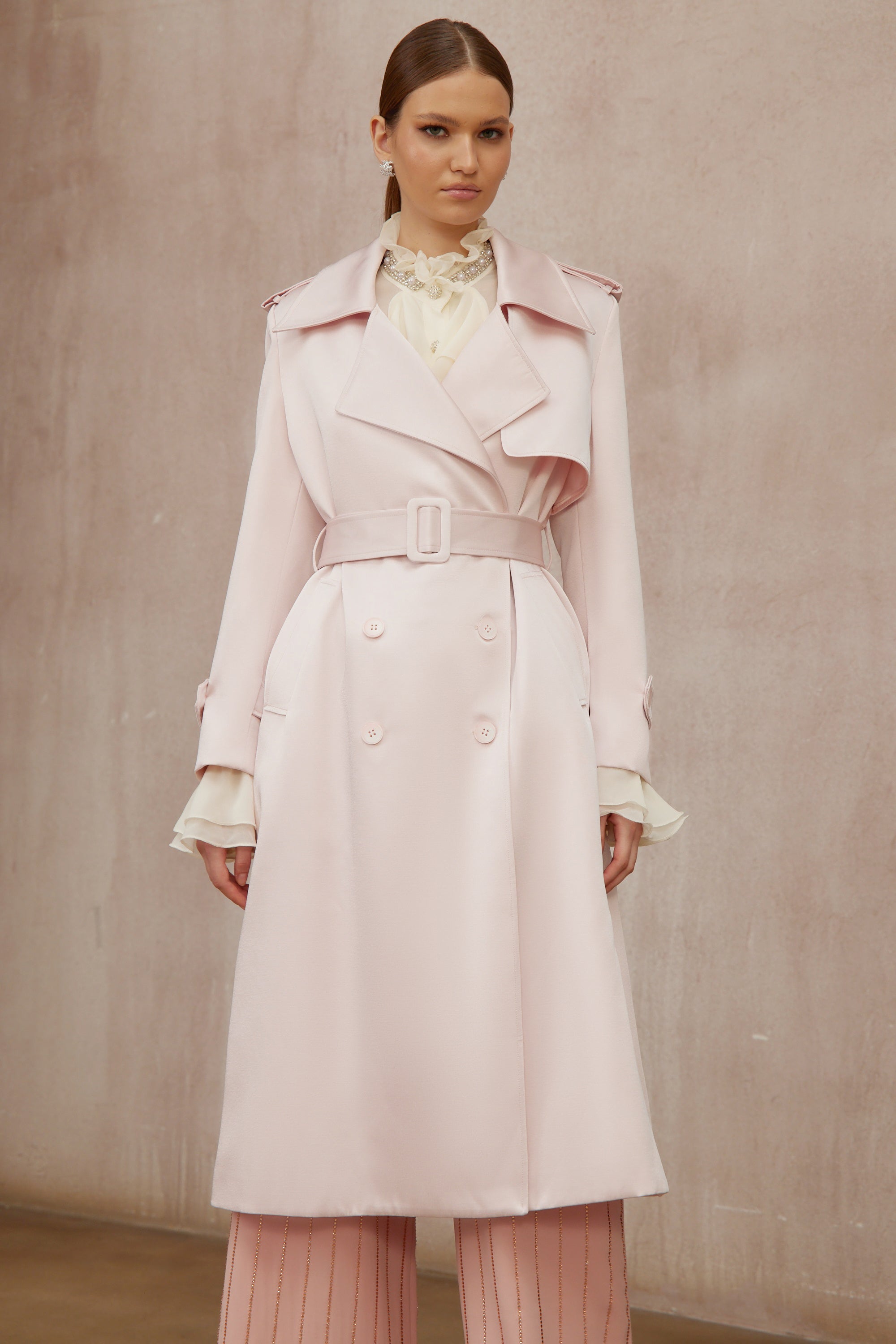 Caméo Pink Double-Breasted Satin Trench Overcoat