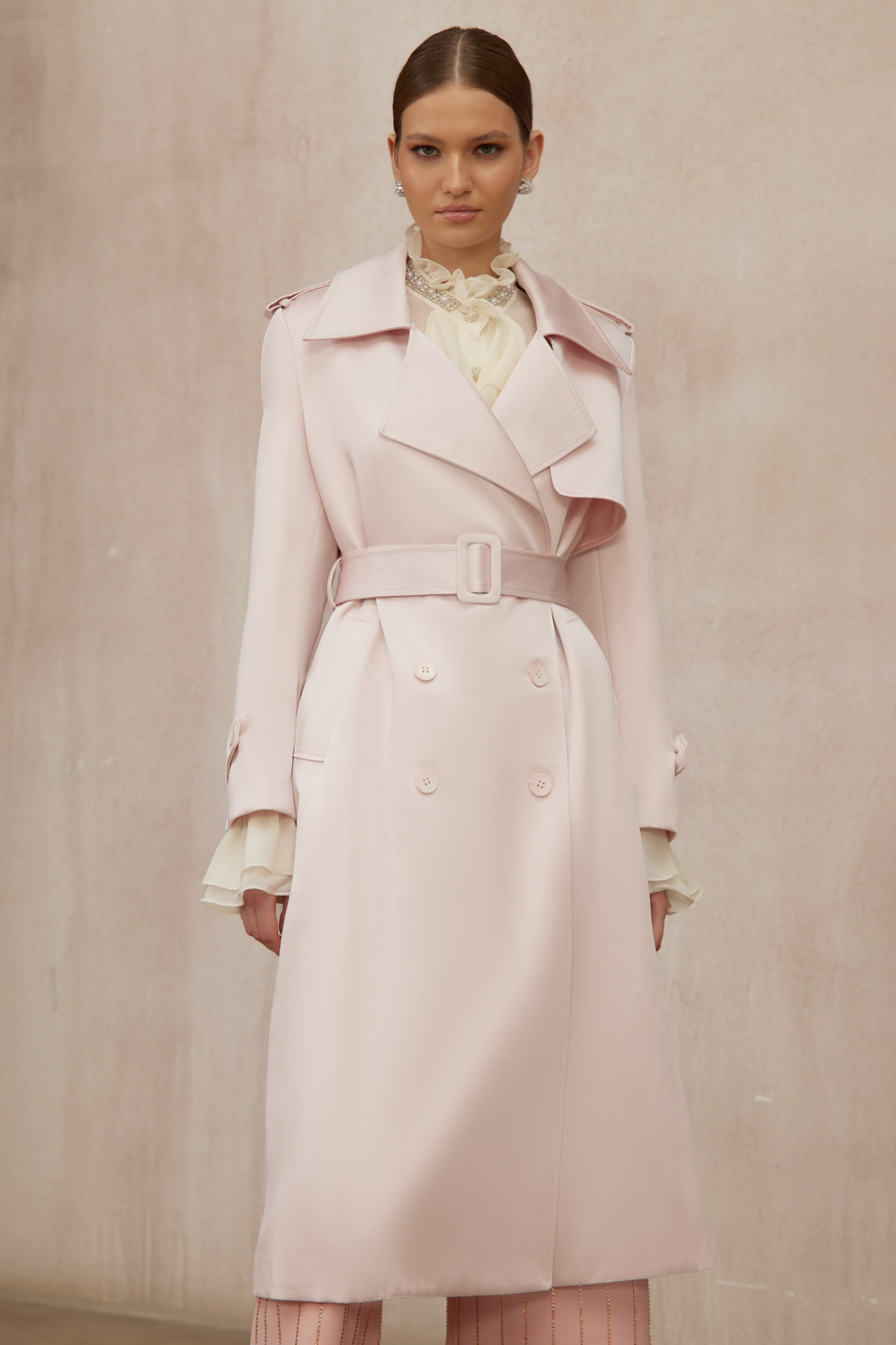 Caméo Pink Double-Breasted Satin Trench Overcoat