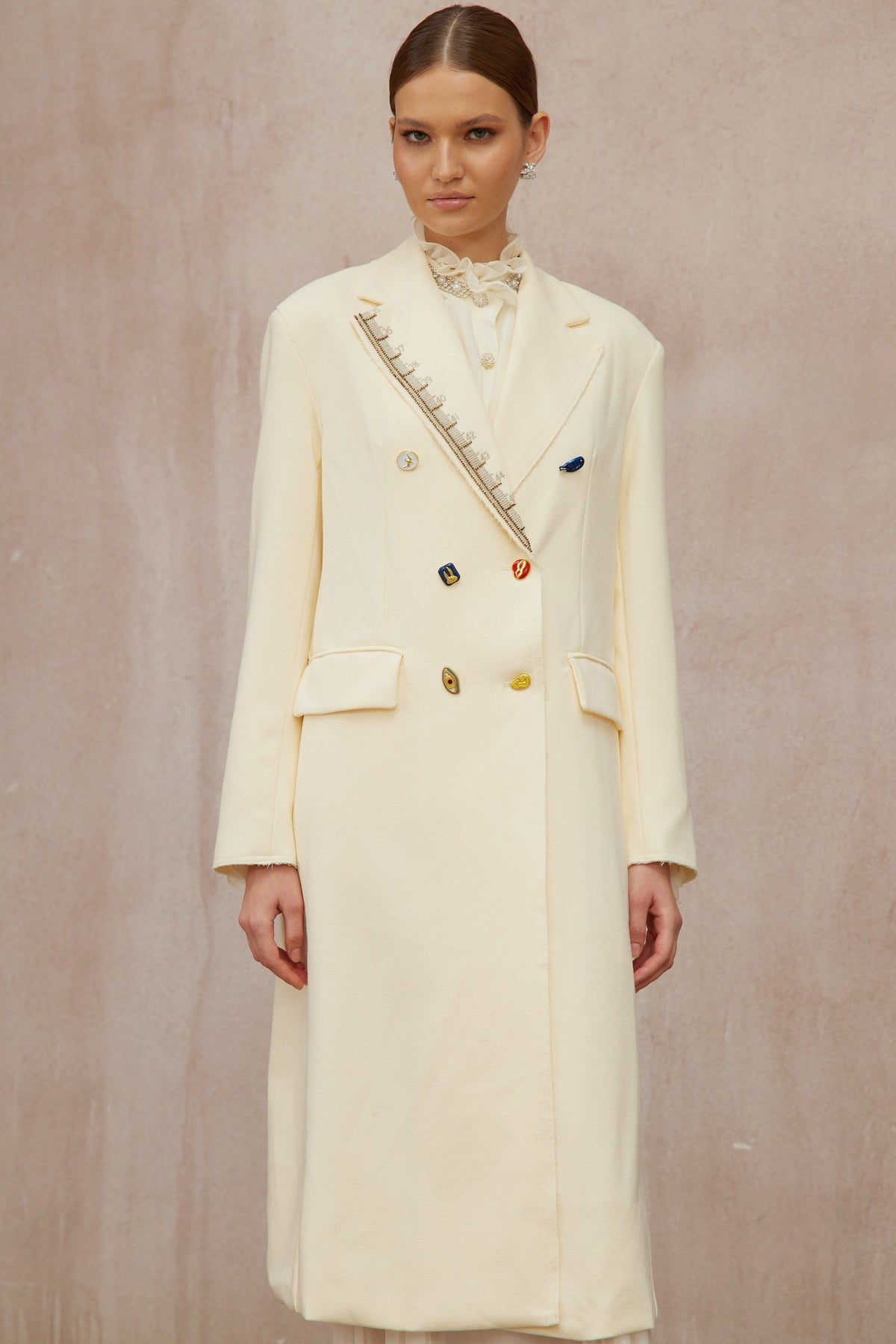 Alexa White Embroidered Double-Breasted Overcoat