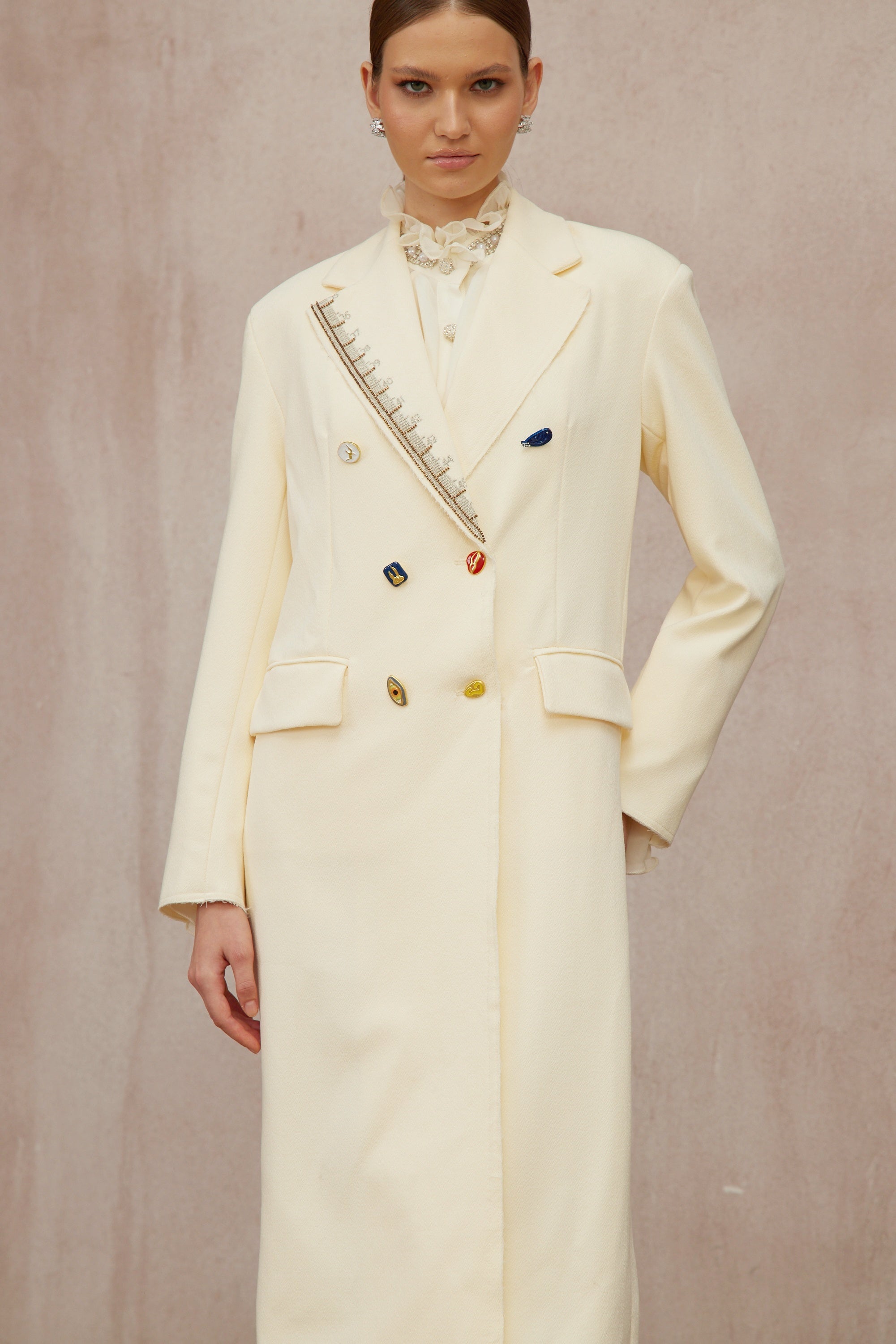 Alexa White Embroidered Double-Breasted Overcoat - ivory