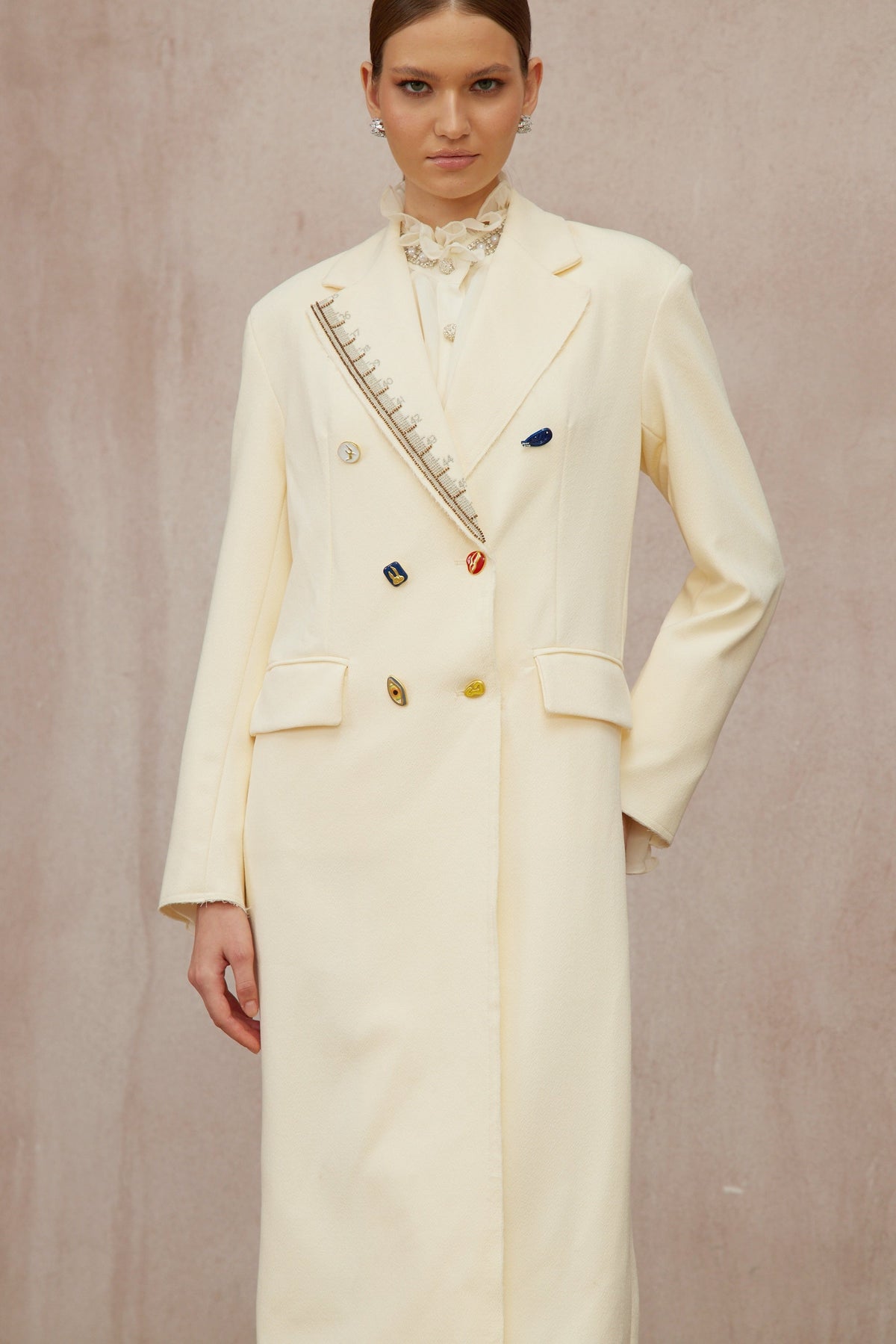 Alexa White Embroidered Double-Breasted Overcoat - Off white
