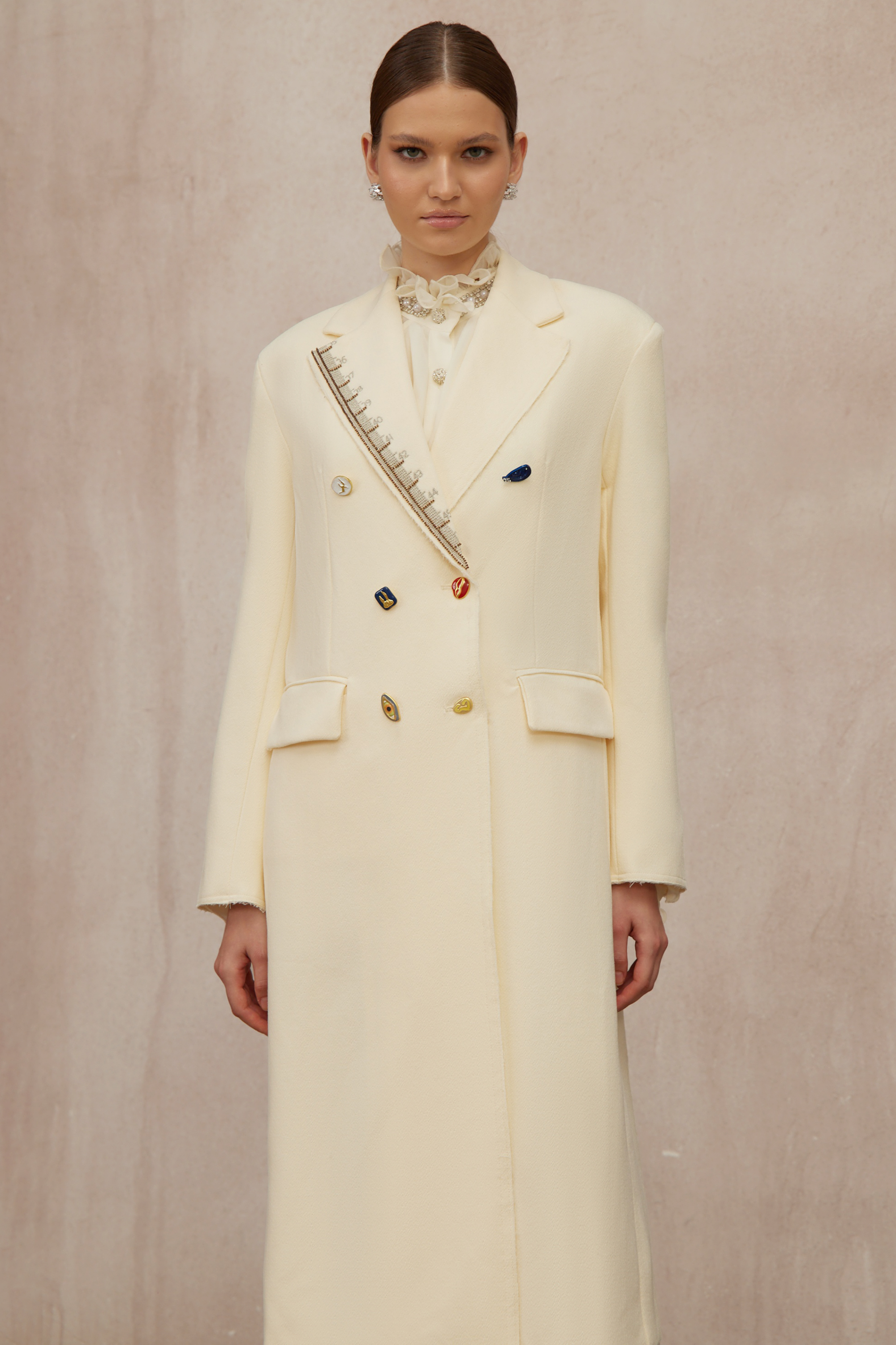 Alexa White Embroidered Double-Breasted Overcoat - ivory