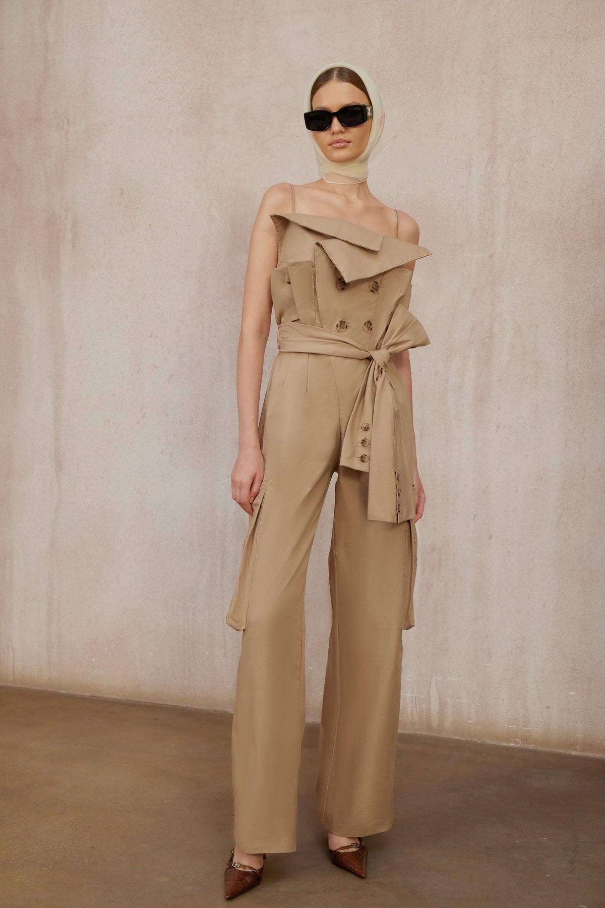 Nanette Khaki Asymmetrical Double Breasted Jumpsuit