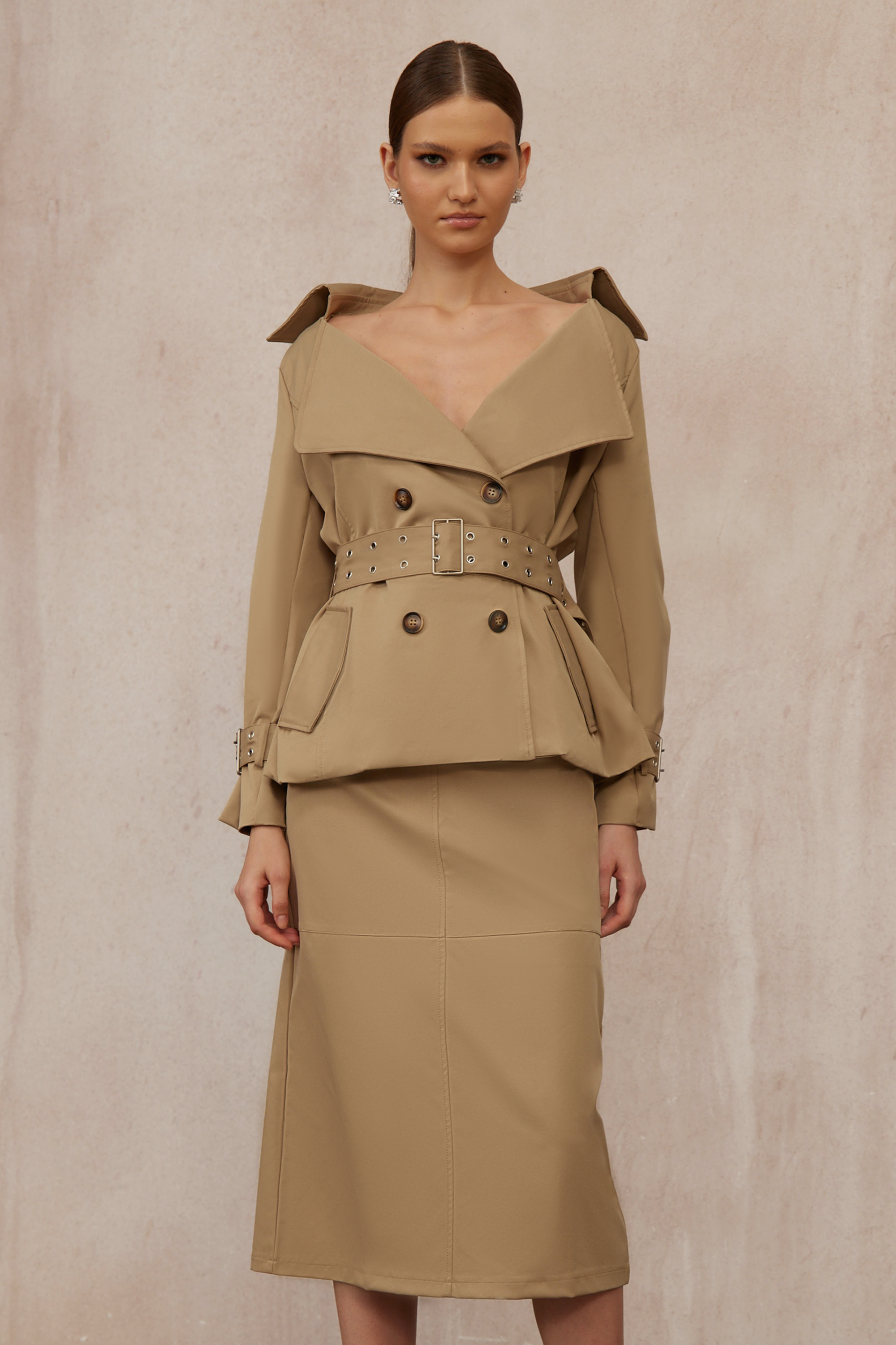 Isabelle Khaki Double-Breasted Trench Coat & Skirt Set (Final Sale-US Only)