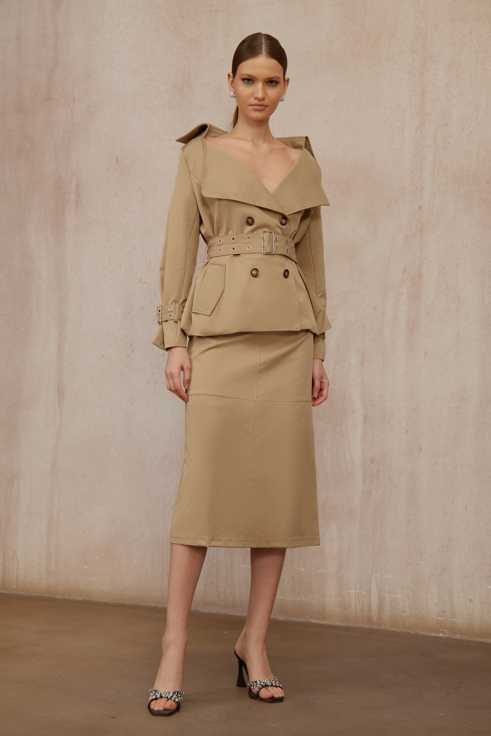 Isabelle Khaki Double-Breasted Trench Coat & Skirt Set (Final Sale-US Only)