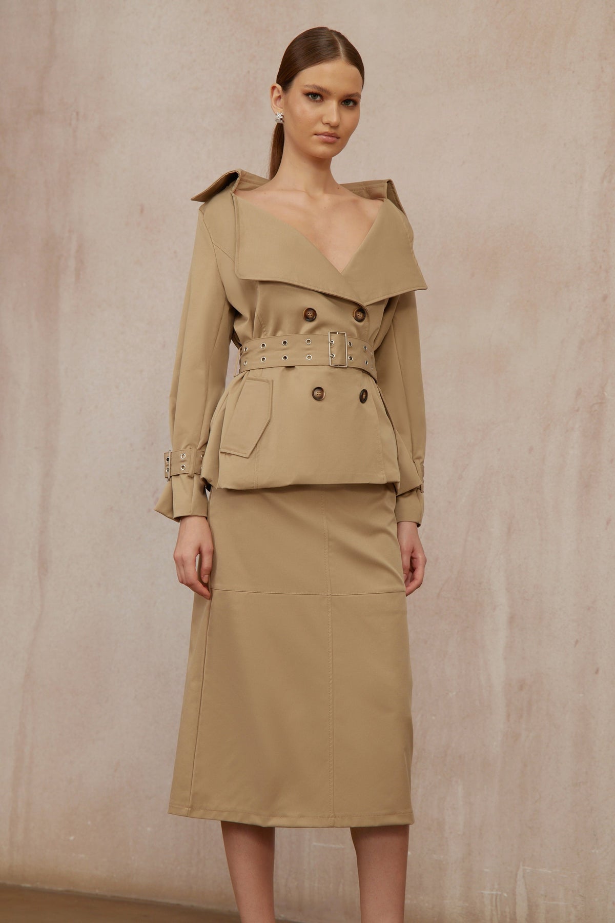 Isabelle Khaki Double-Breasted Trench Coat & Skirt Set (Final Sale-US Only)