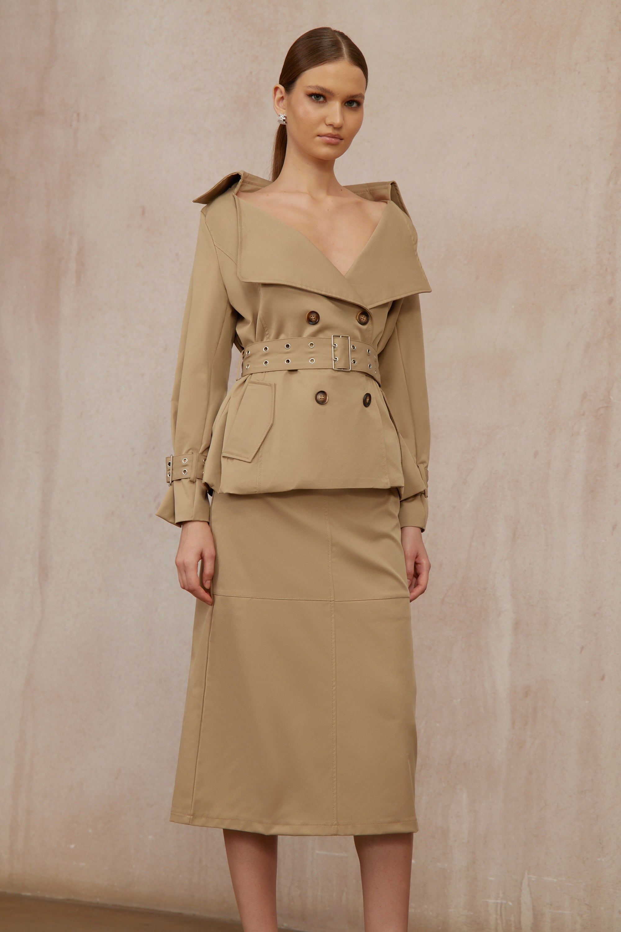 Isabelle Khaki Double-Breasted Trench Coat & Skirt Set (Final Sale-US Only)