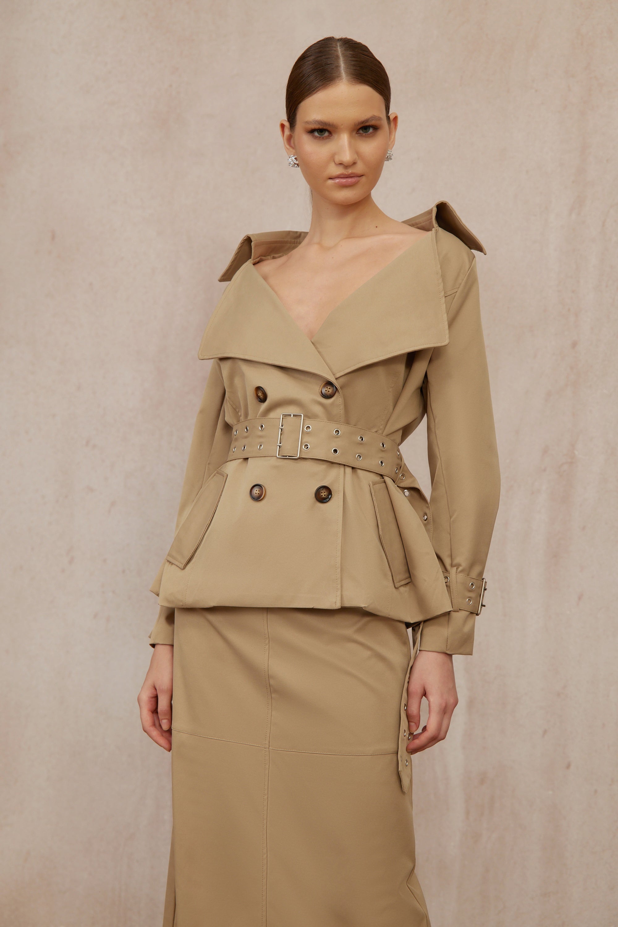 Isabelle Khaki Double-Breasted Trench Coat & Skirt Set (Final Sale-US Only)