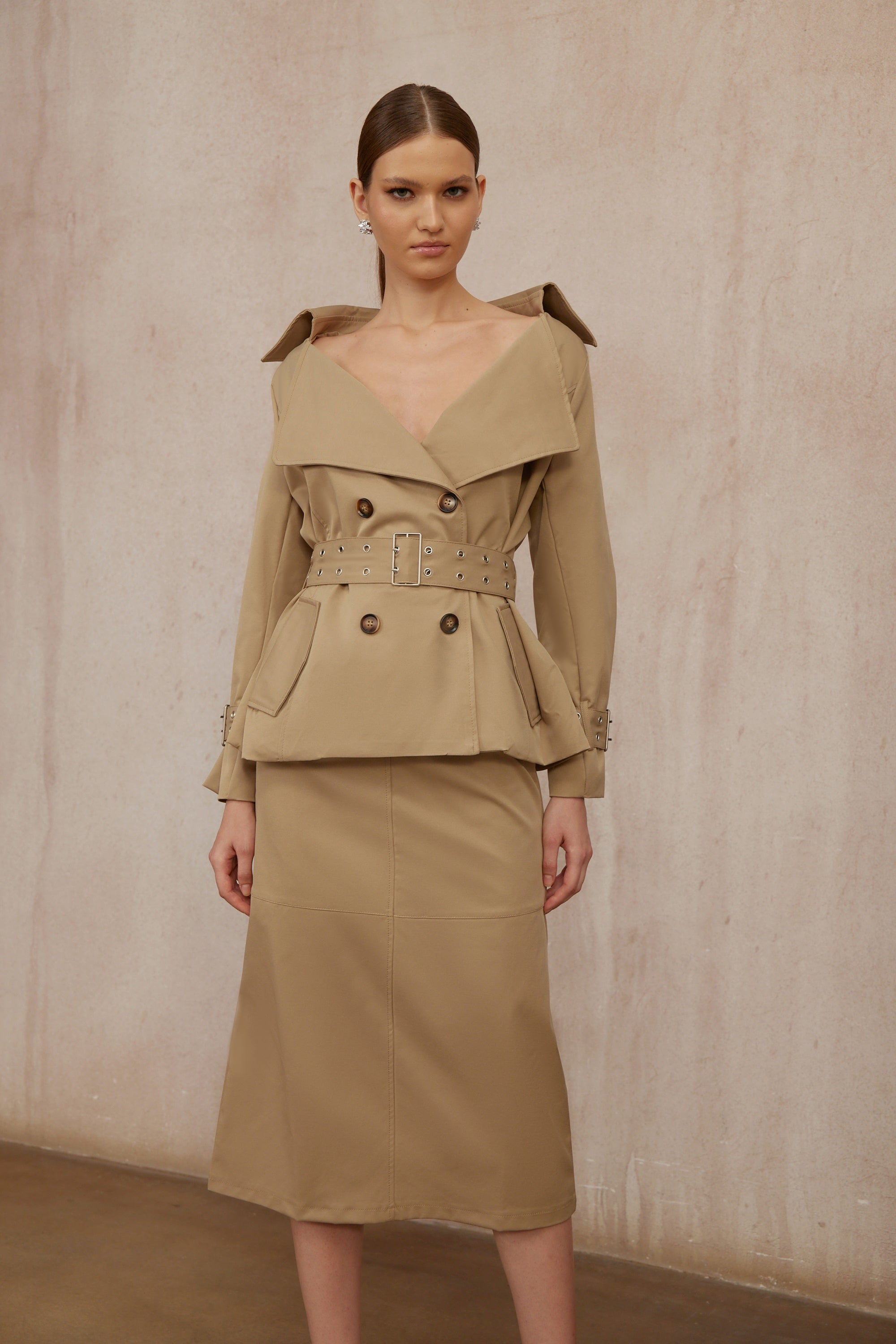 Isabelle Khaki Double-Breasted Trench Coat & Skirt Set (Final Sale-US Only)