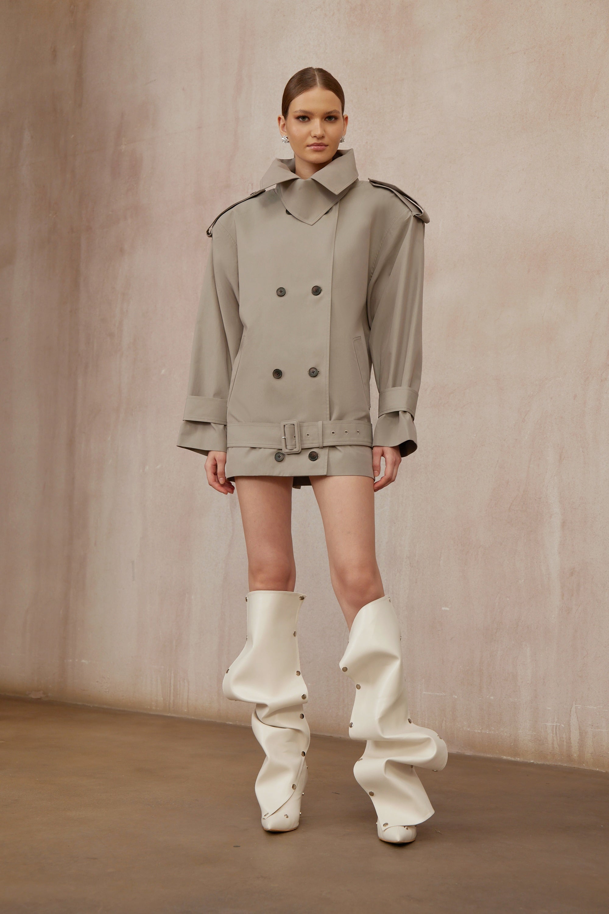 Mavis Grey Double-Breasted Belted Trench Coat