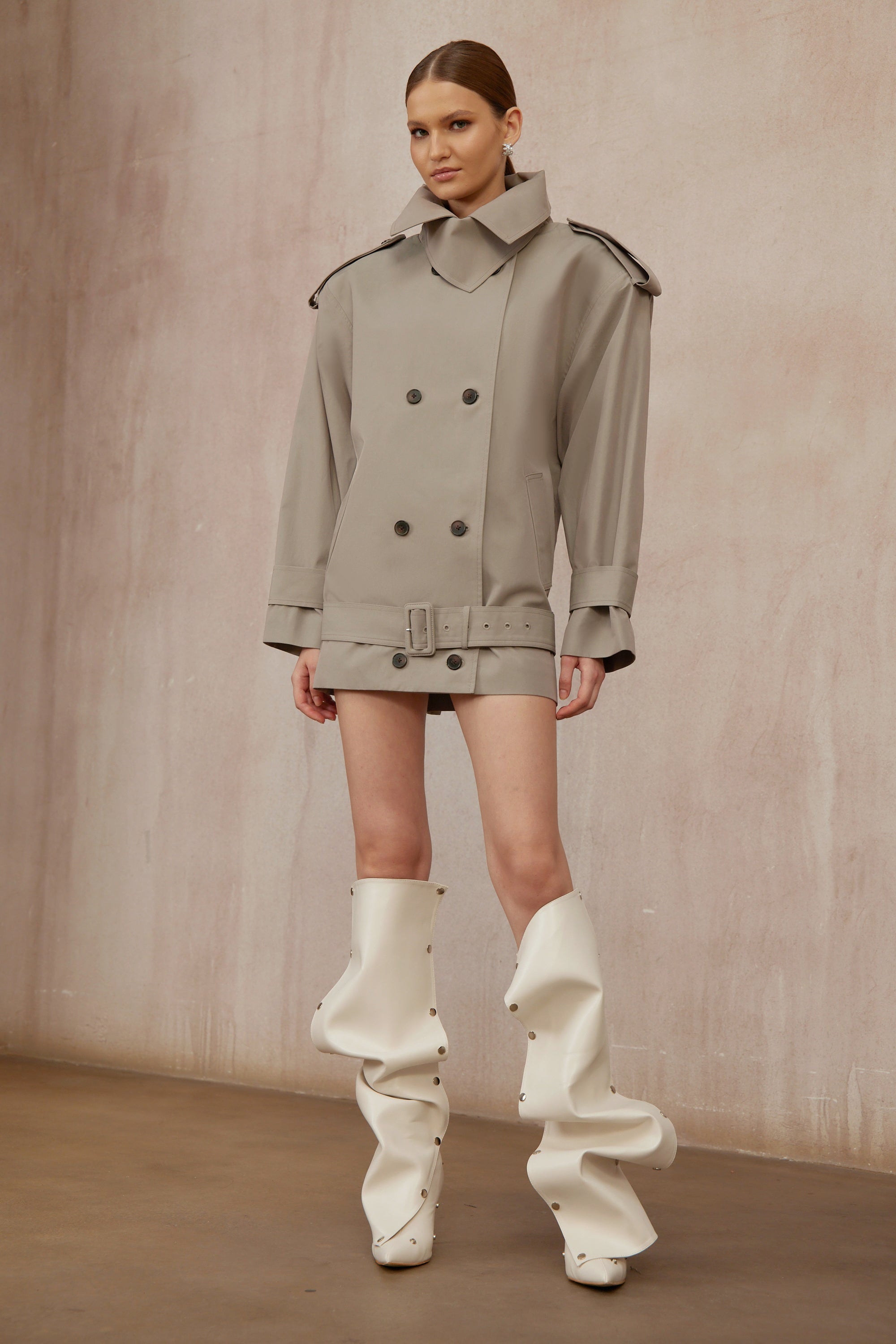 Mavis Grey Double-Breasted Belted Trench Coat