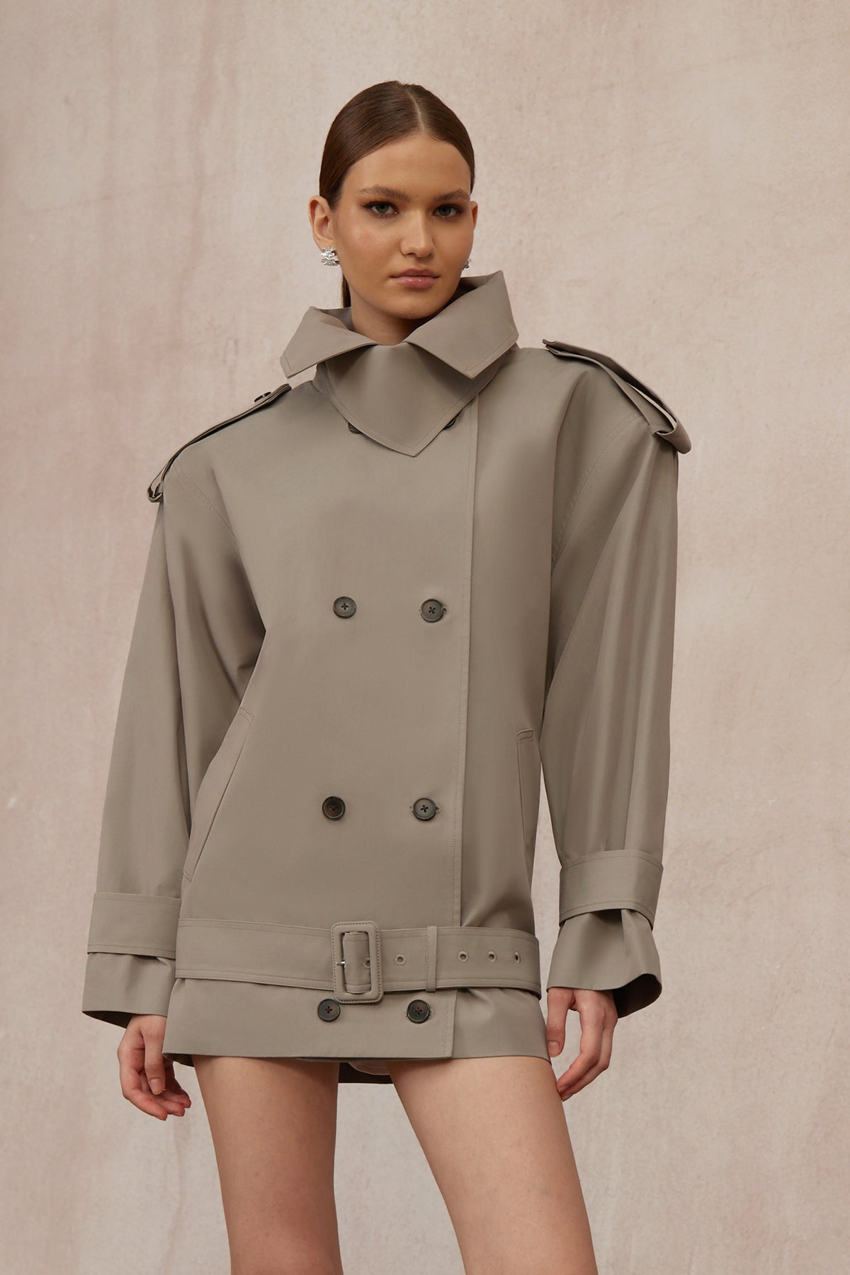Mavis Grey Double-Breasted Belted Trench Coat - grey