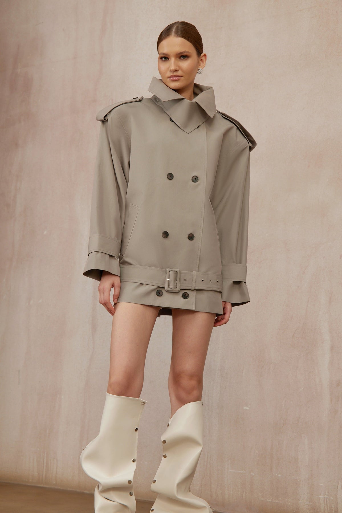 Mavis Grey Double-Breasted Belted Trench Coat - grey