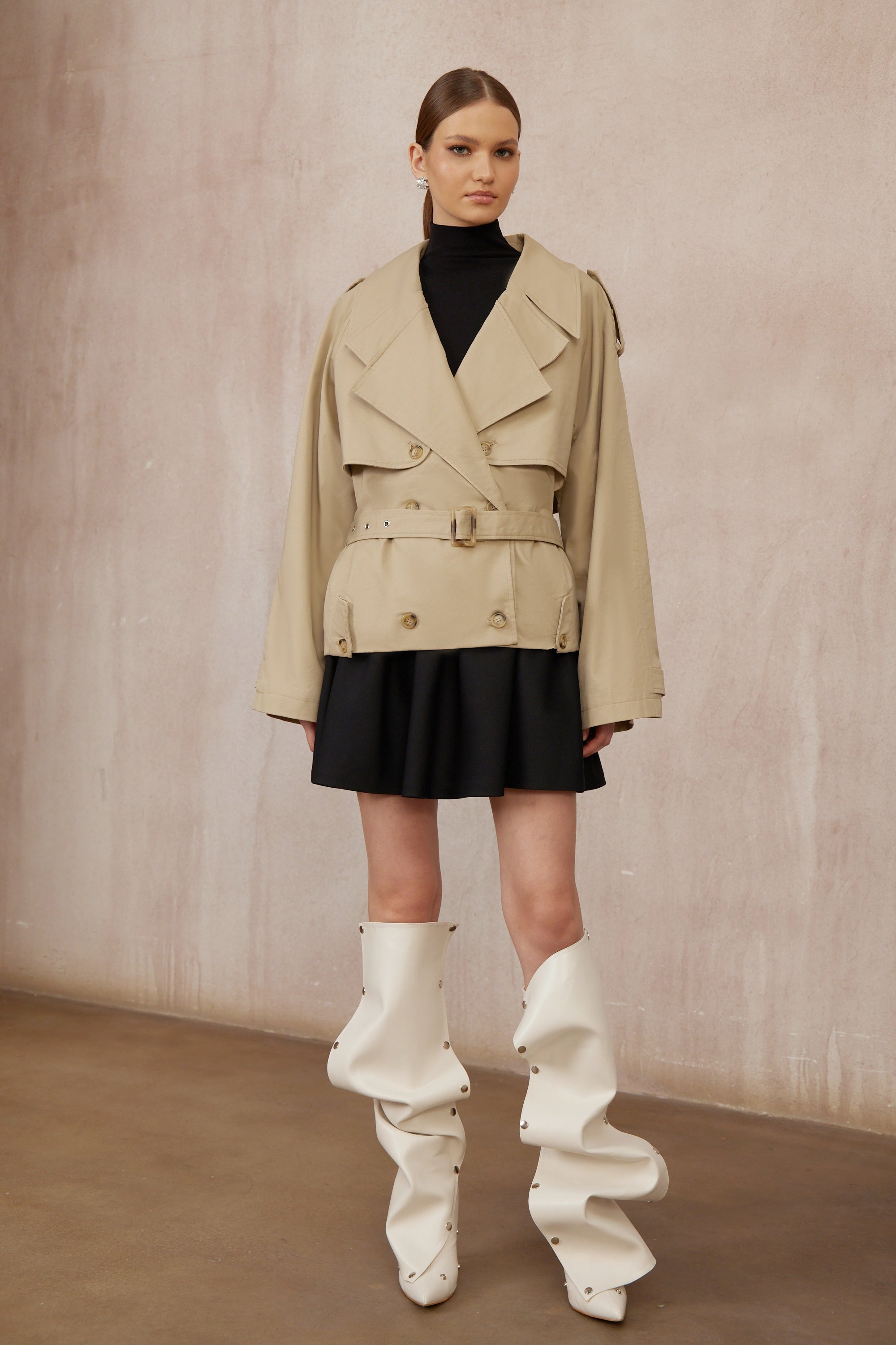 Sandra Khaki Double-Breasted Short Trench Coat
