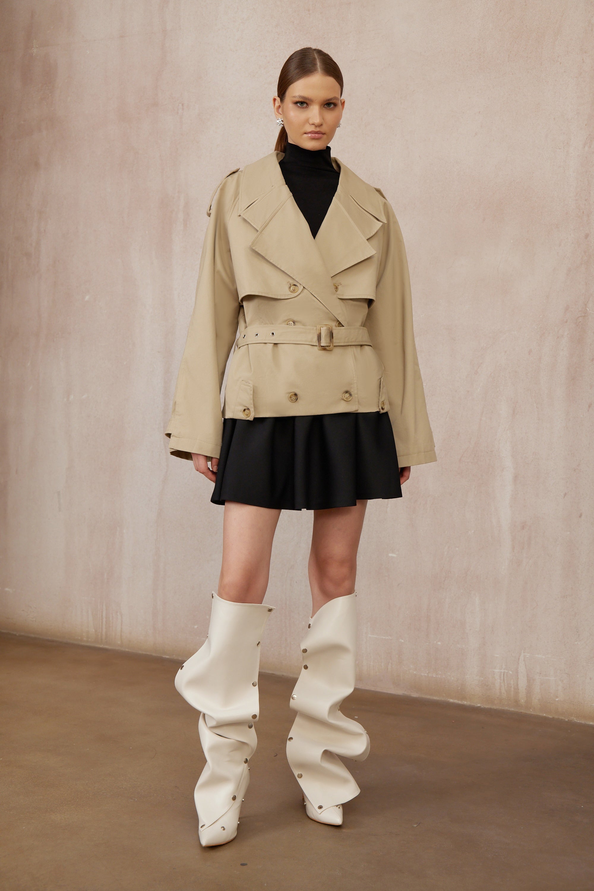 Sandra Khaki Double-Breasted Short Trench Coat